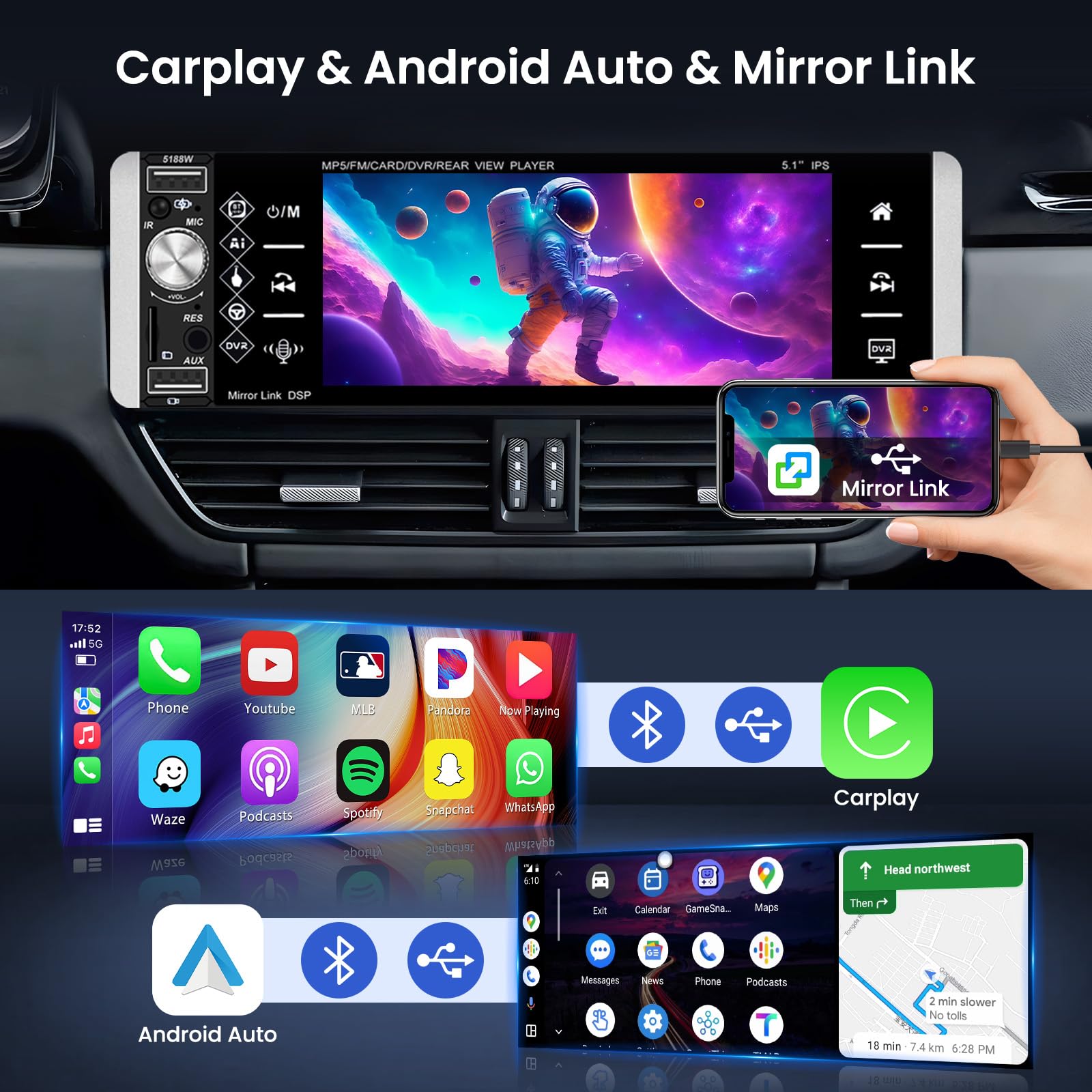 Hikity 1 Din Car RadioBluetooth 7 Pollici - Dettaglio