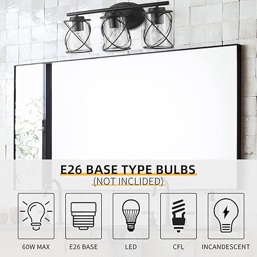 Miniatura 6 de 3 luces de tocador de baño, lámparas de baño sobre el espejo, luz negra mate, luces de pared de granja con pantalla de vidrio transparente, lámpara