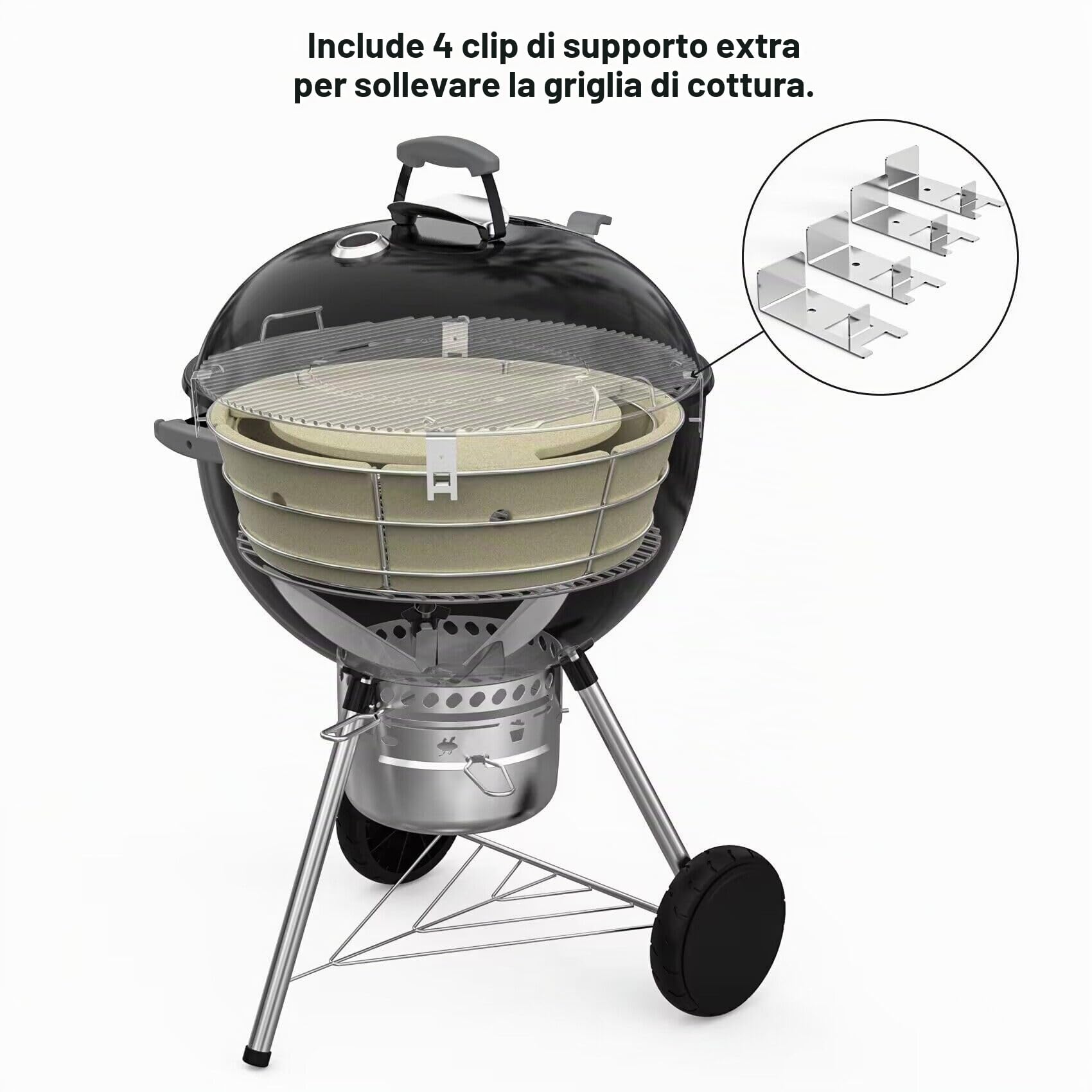 onlyfire Kit per Focolare a Carbone, Cestino di Carbone in Acciaio Inox con Pietra di Calore in Ceramica e 4 Staffe di Sollevamento della Griglia, per Griglie a Carbonella Weber Kettle 57 cm