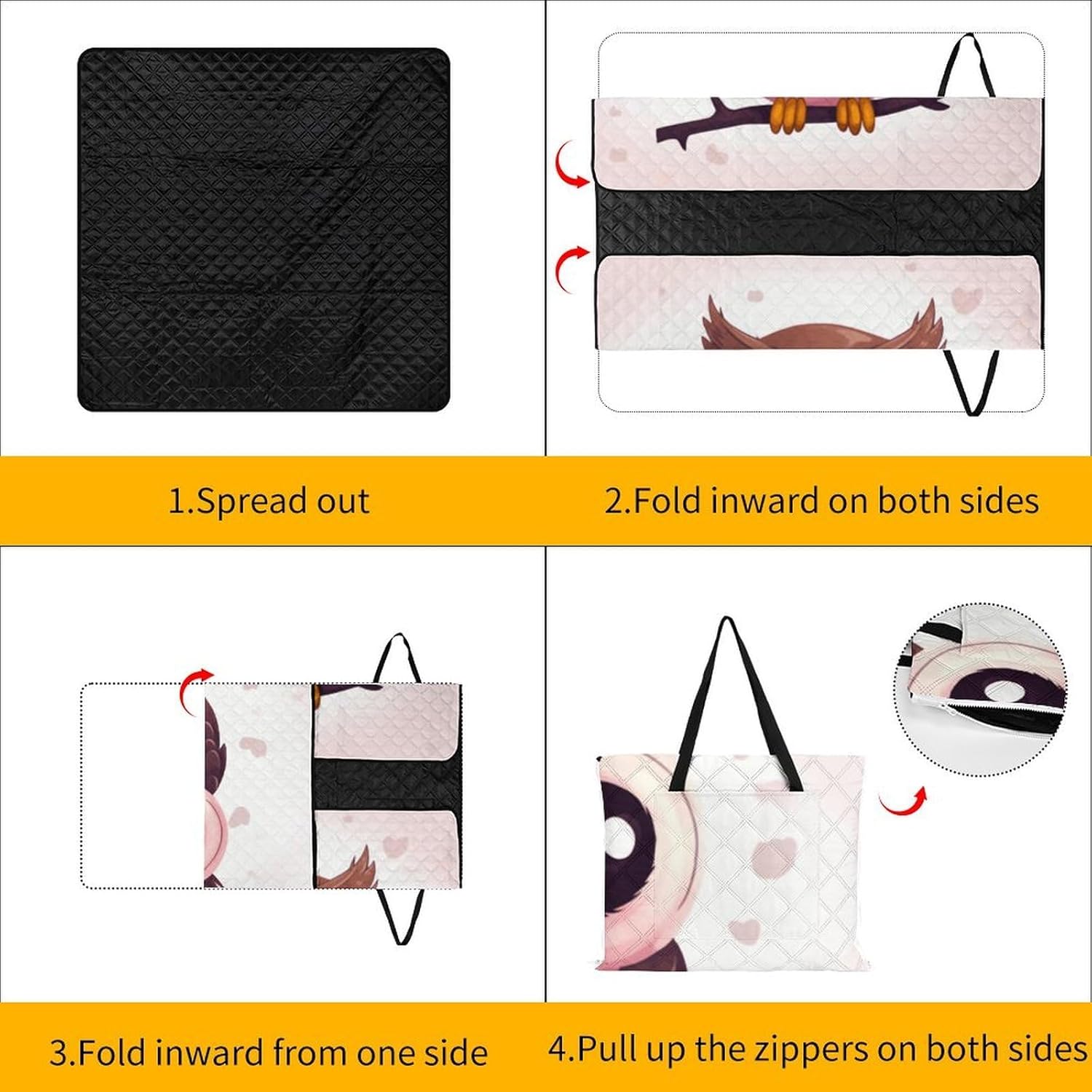 Cute Owl Picnic Blanket with Zipper Water Resistant Sand Free Picnic Mat Washable Foldable Easy Carry Beach Blanket for Lawn Beach Hiking Camping