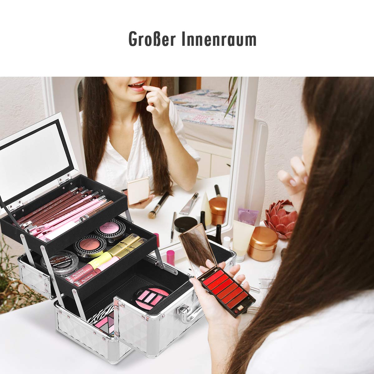 GOPLUS Kosmetikkoffer, Schminkkoffer leer mit Spiegel & 2 ausziehbare Ablagen, Makeup Oragnizer tragbar mit Tragegriff & Verschluss, Beauty Case für Reise, Friseure & Visagisten (Silber)