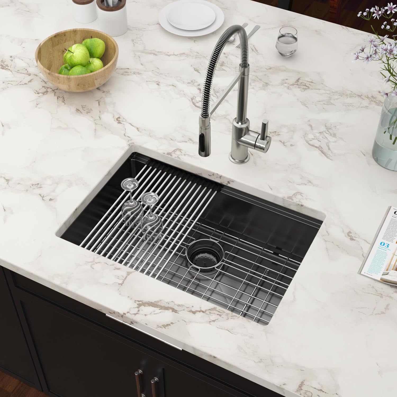 27 Inch Black Undermount Kitchen Sinks Workstation - Couoko Gunmetal Black 16 Gauge Stainless Steel Single Bowl Undermount Sink with Accessories, 27"x19"x9"