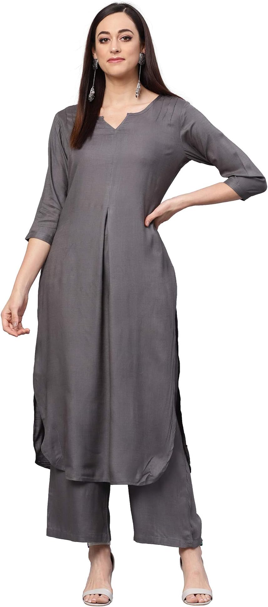 idaLia Rayon Solid Straight Brown Kurta Set for Women with Palazzo 3/4 Sleeve, Round V Neck Designer Kurta with Palazzo Pant Set