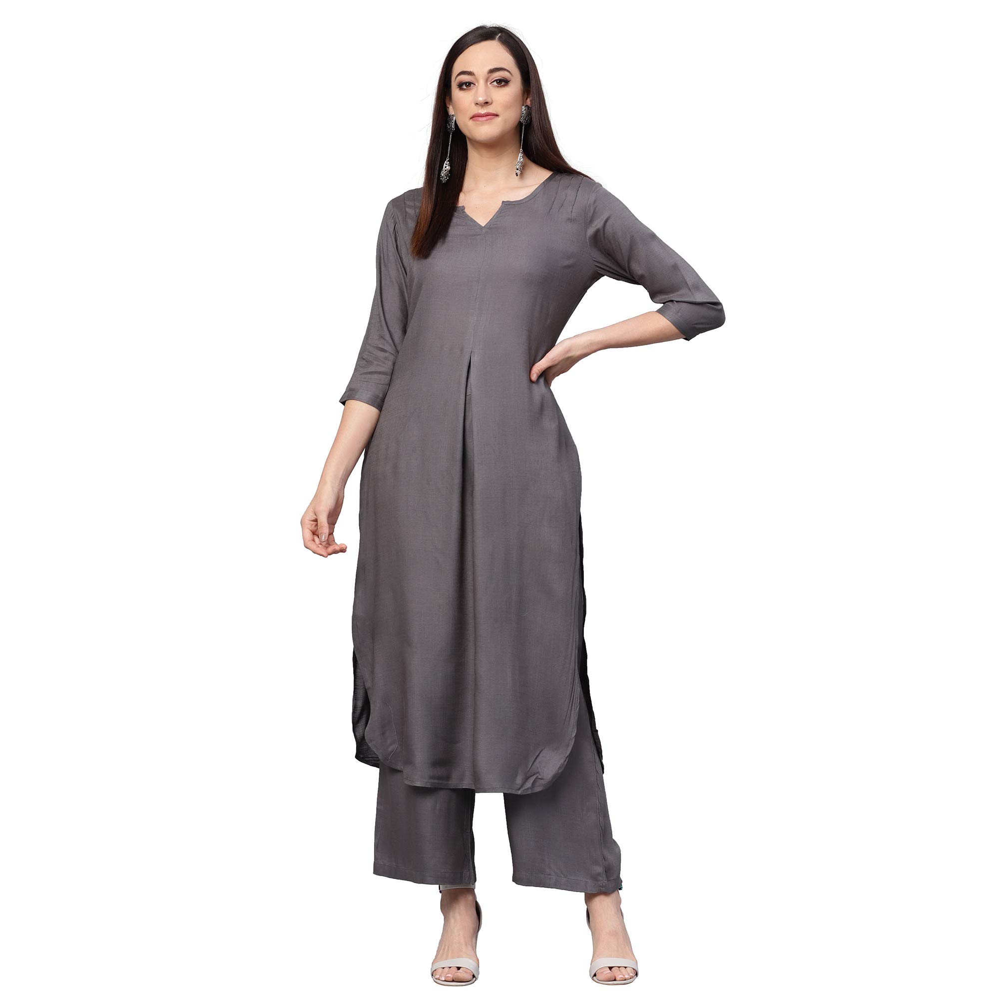 idaLia Rayon Solid Straight Brown Kurta Set for Women with Palazzo 3/4 Sleeve, Round V Neck Designer Kurta with Palazzo Pant Set