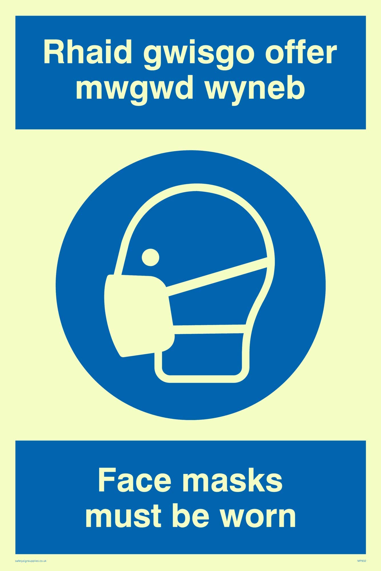 Viking Signs MP932-A4P-PV "Rhaid Gwisgo Offer Mwgwd Wyneb/Face Masks Must Be Worn" Sign, Photo luminescent Sticker, 300 mm H x 200 mm W