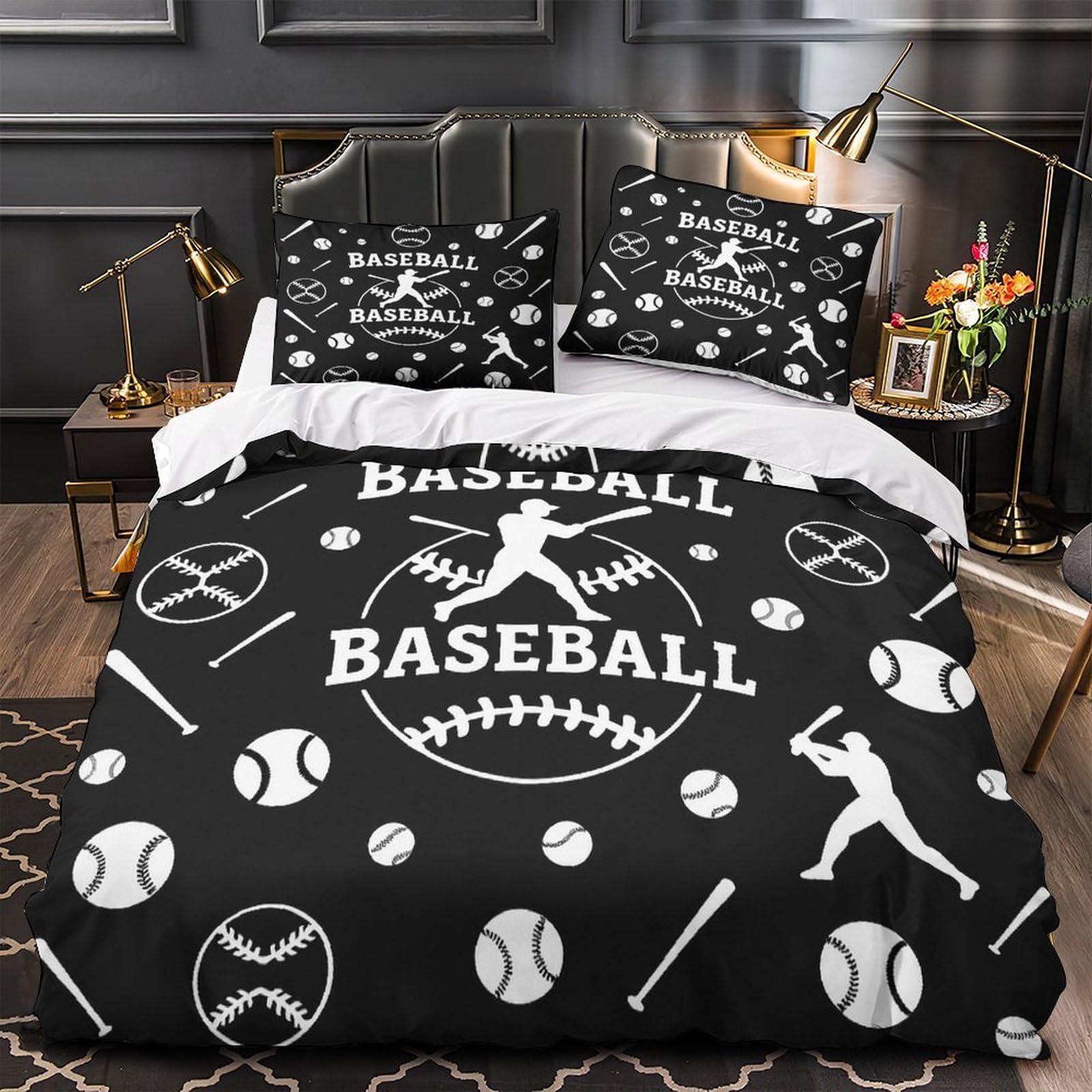 Parure de lit enfant 135x200 housse de couette baseball 3D microfibre respirante fermeture éclair