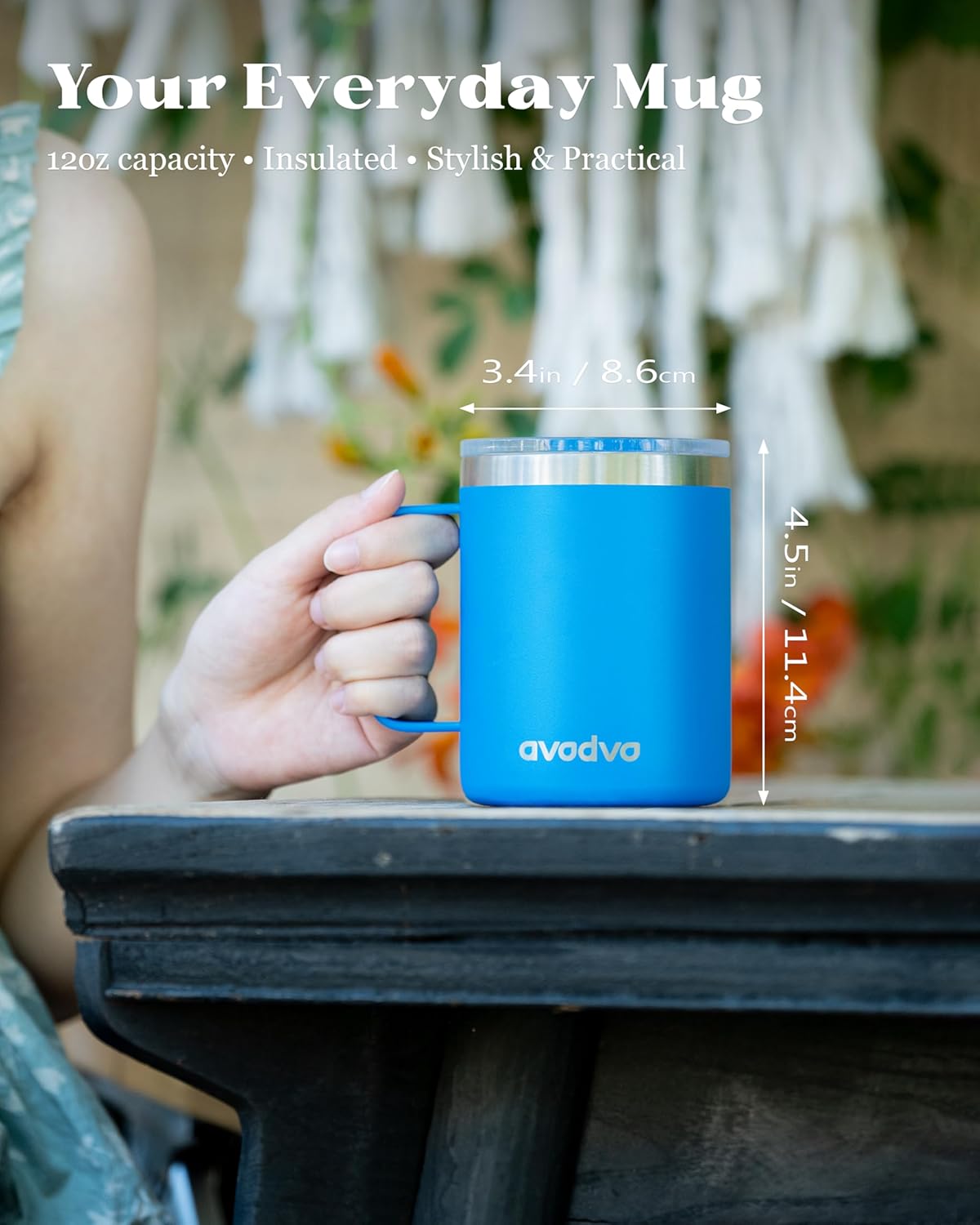 12oz Insulated Coffee Mug with Lid – Includes Two Lids, Stainless Steel Coffee Travel Mug with Handle, Double Wall Vacuum Insulated Camping Mug for Home, Office & Outdoor, Sapphire Blue - Image 4