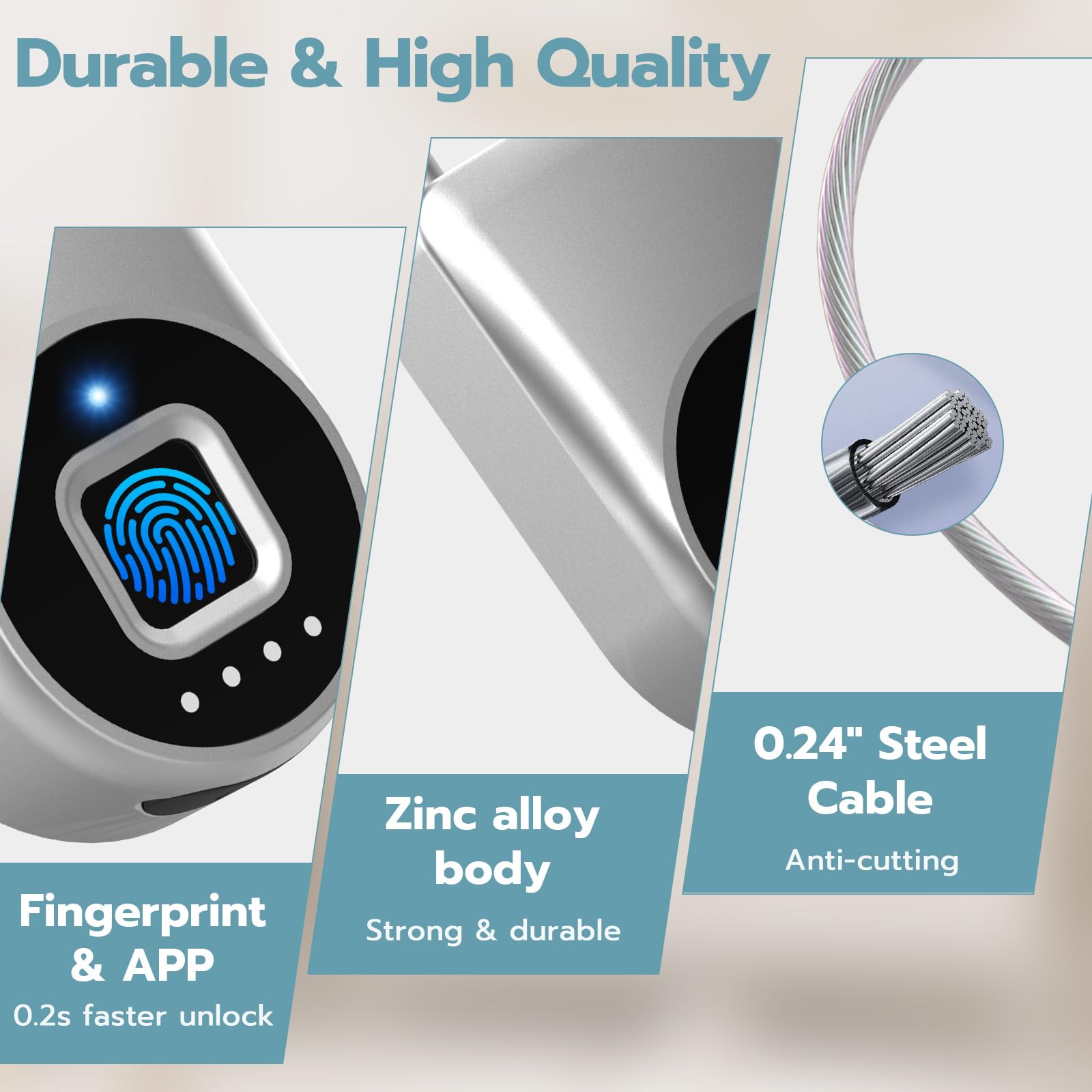 Câble antivol à empreintes digitales avec anse longue épaisse de 15,2 cm - Cadenas Bluetooth biométrique biométrique intelligent pour extérieur - Étanche - Pour portail, clôture,