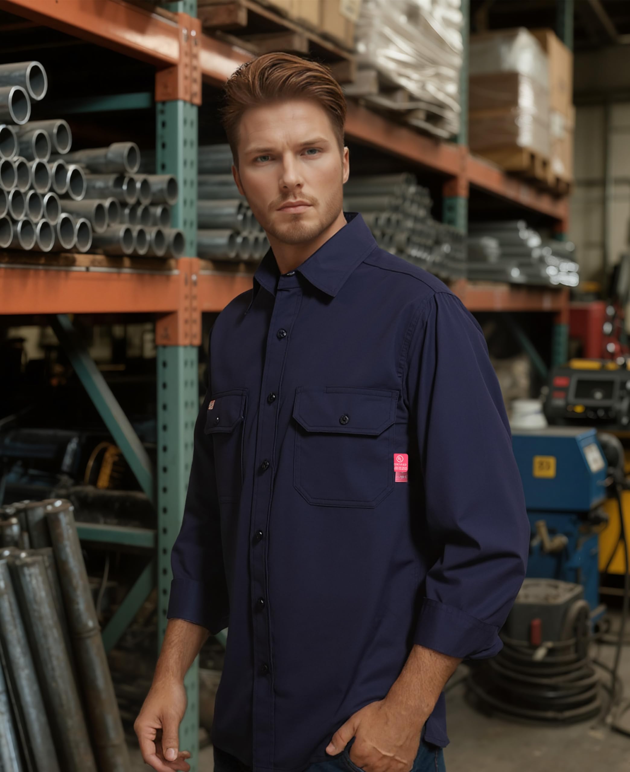 TICOMELA FR Chemises ignifuges pour homme, CAT2, poids léger, 184,3 g, chemise de soudage ignifuge pour homme | Chemises de travail résistantes aux flammes avec poches utilitaires pré-rétrécies et infroissables
