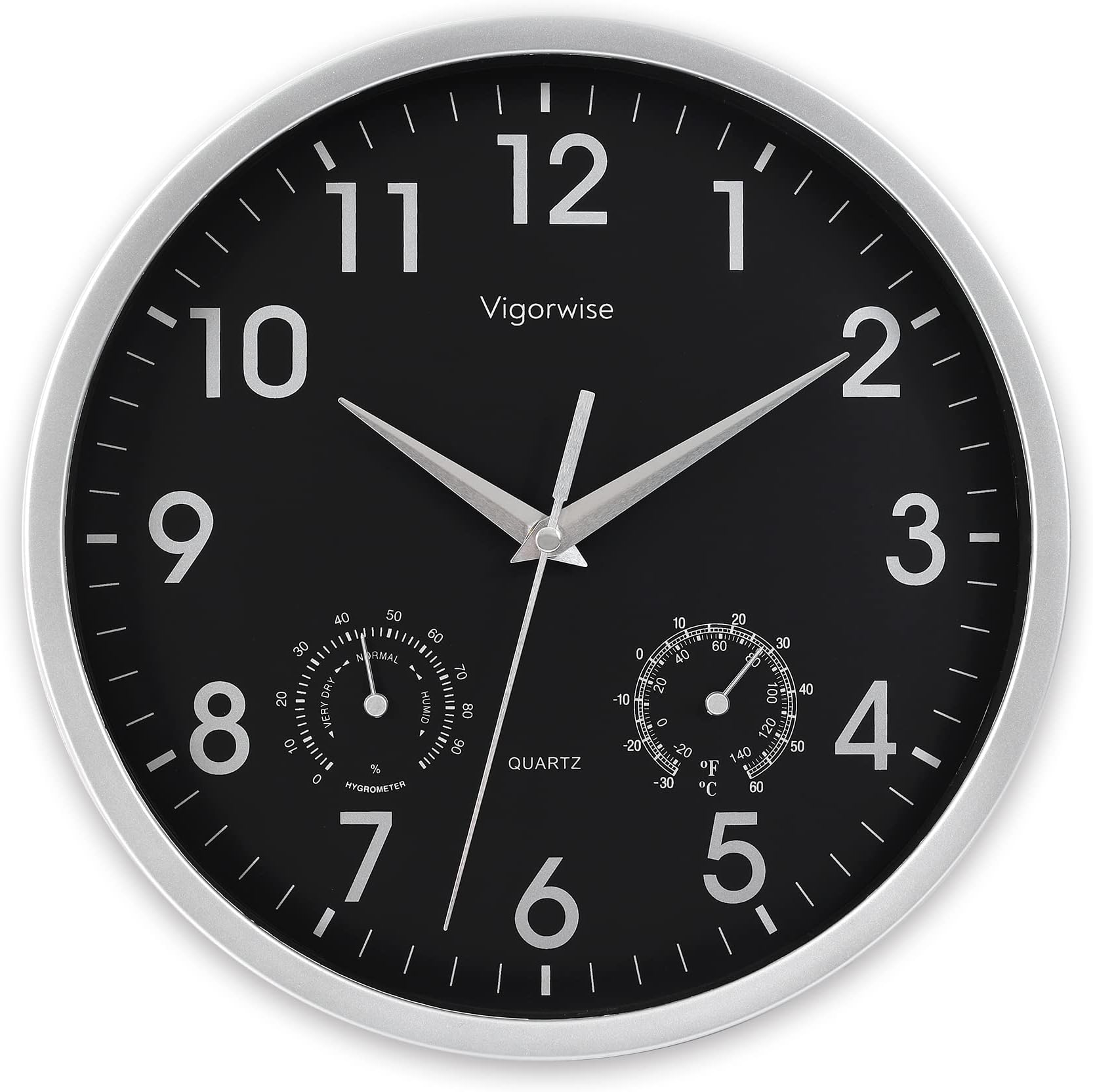Wall Clock, Sweep Silent Movement Accurate Clocks with Temperature & Humidity, Decorative for Kitchen/Living Room/Bedroom/Office/Bathroom/Classroom (Silver, 10 inch)