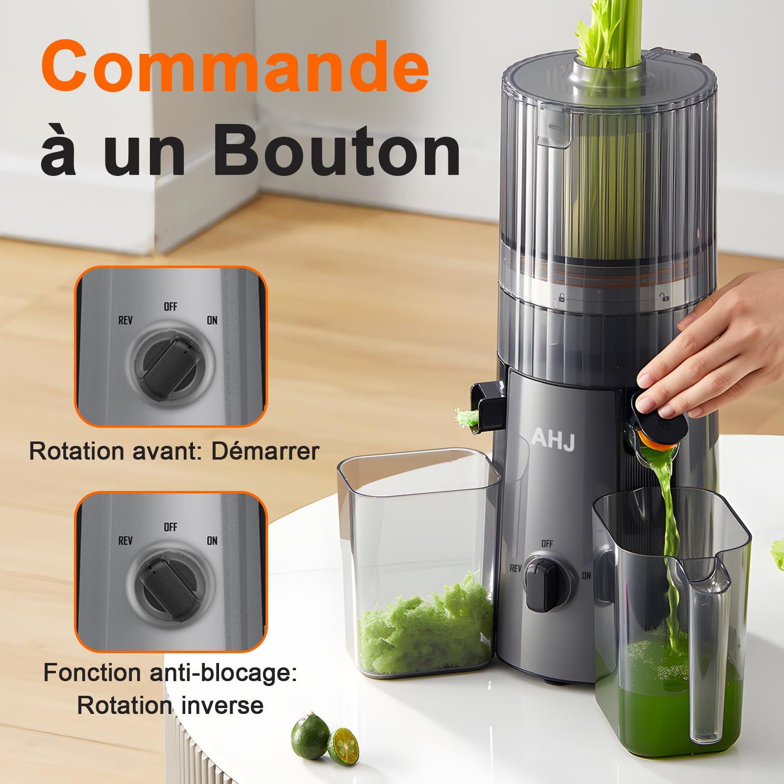 AHJ Extracteur de Jus Lent 135mm, Slow Juicer Presse-agrumes à Froid pour Fruits et Légumes Entiers, Sans BPA