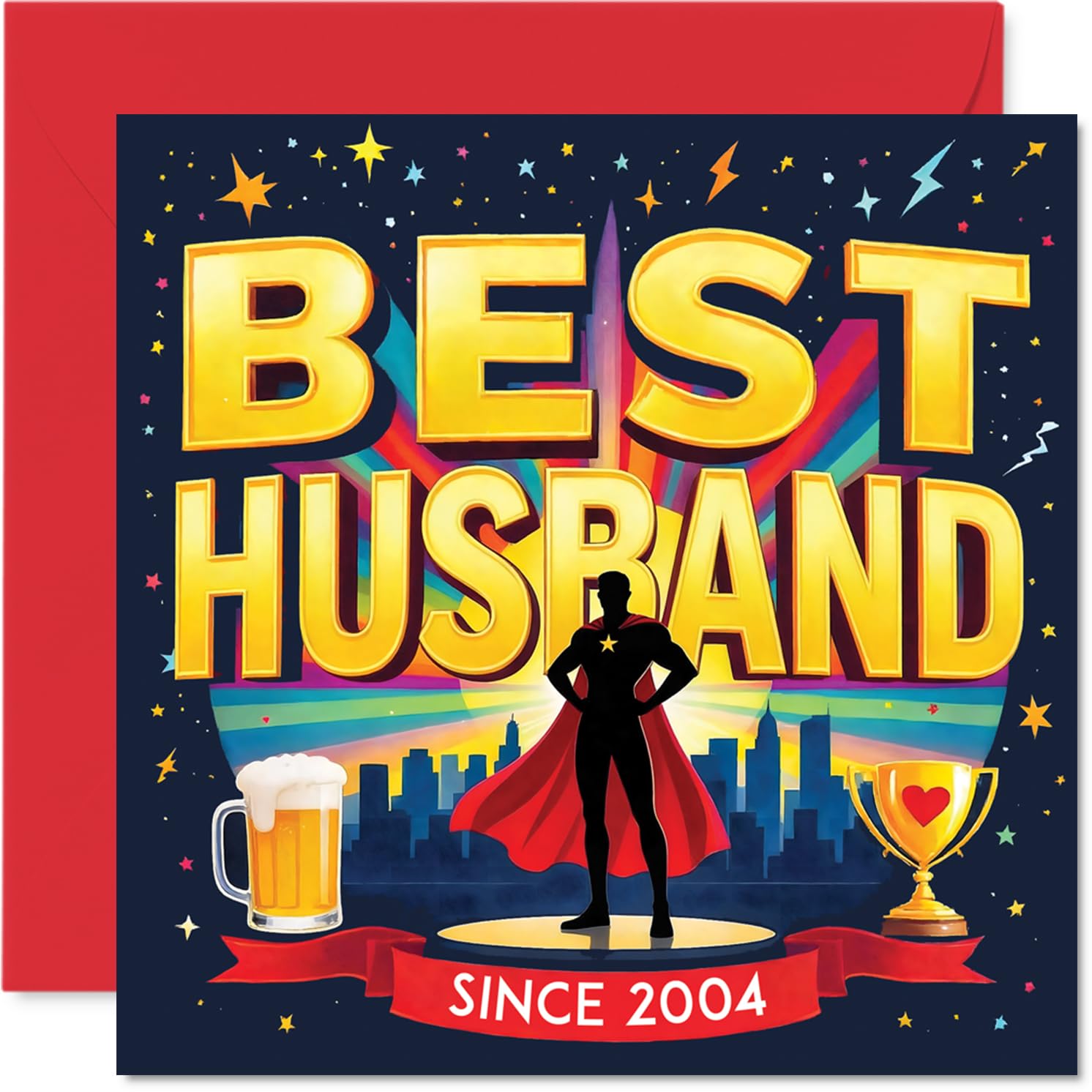 Playful 22nd Anniversary Card - Superpowered Since 2004 - Bold Superhero Silhouette with Gold, Red and Blue - 145mm Square, Envelope Included