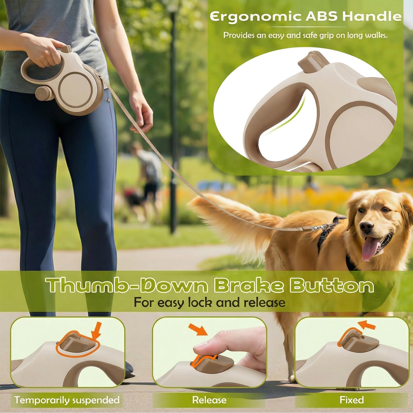 Hundeleine 8m, Robuste Rollleine für Hunde bis 50kg/110lbs, Flexileine mit Bequemen Griff & Kotbeutelhalter, 360°Anti-Verwicklung, für Kleine, Mittel & Große Hunde (Braun, 8 m)