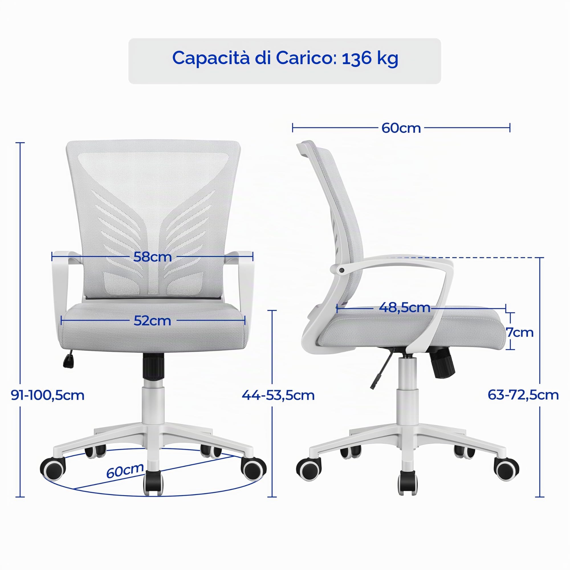Yaheetech Sedia da Scrivania Ufficio Ergonomica a Rotelle Girevole Reclinabile in Rete Traspirante con Braccioli Altezza Regolabile Portata 136 kg Grigio Chiaro