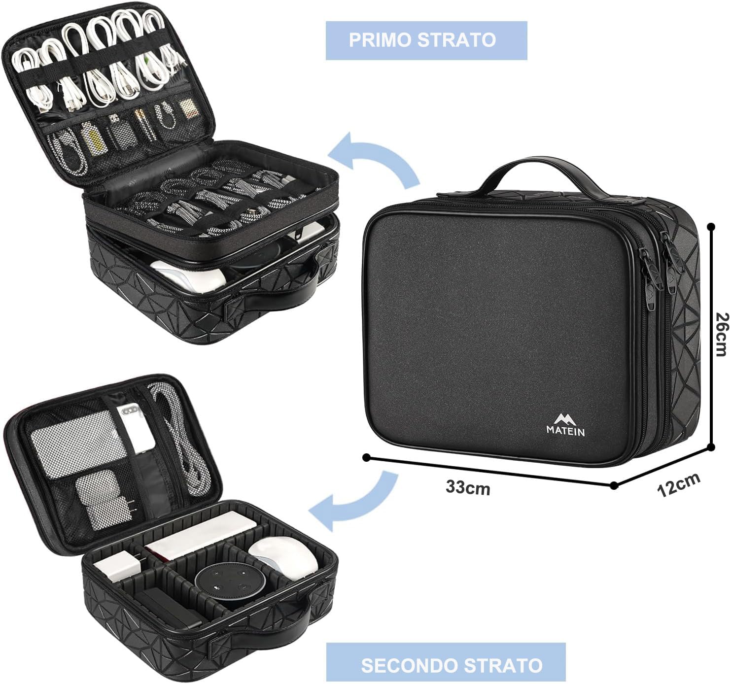 MATEIN Borsa Porta Cavi da Viaggio Grande, Organizer Cavi a Doppio Strato con Divisori Rimovibili, Impermeabile e Antiurto, per Caricabatterie, Power Bank e Accessori Elettronici, Nero