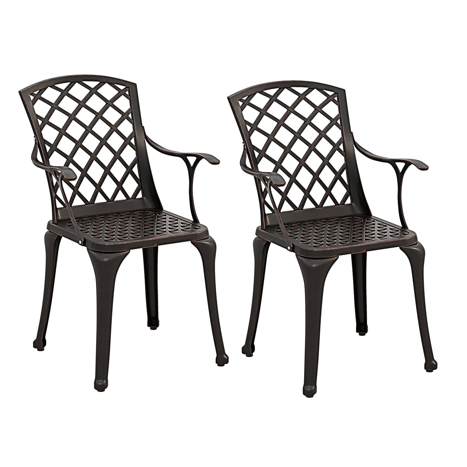 KOMFOTTEU Juego de 2 Sillas de Jardín de Aluminio Fundido, Silla Terreza Exterior con Reposabrazos y Respaldo, Silla de Bistró con Carga 110 kg, Silla de Comedor para Balcón, Patio (Bronce)
