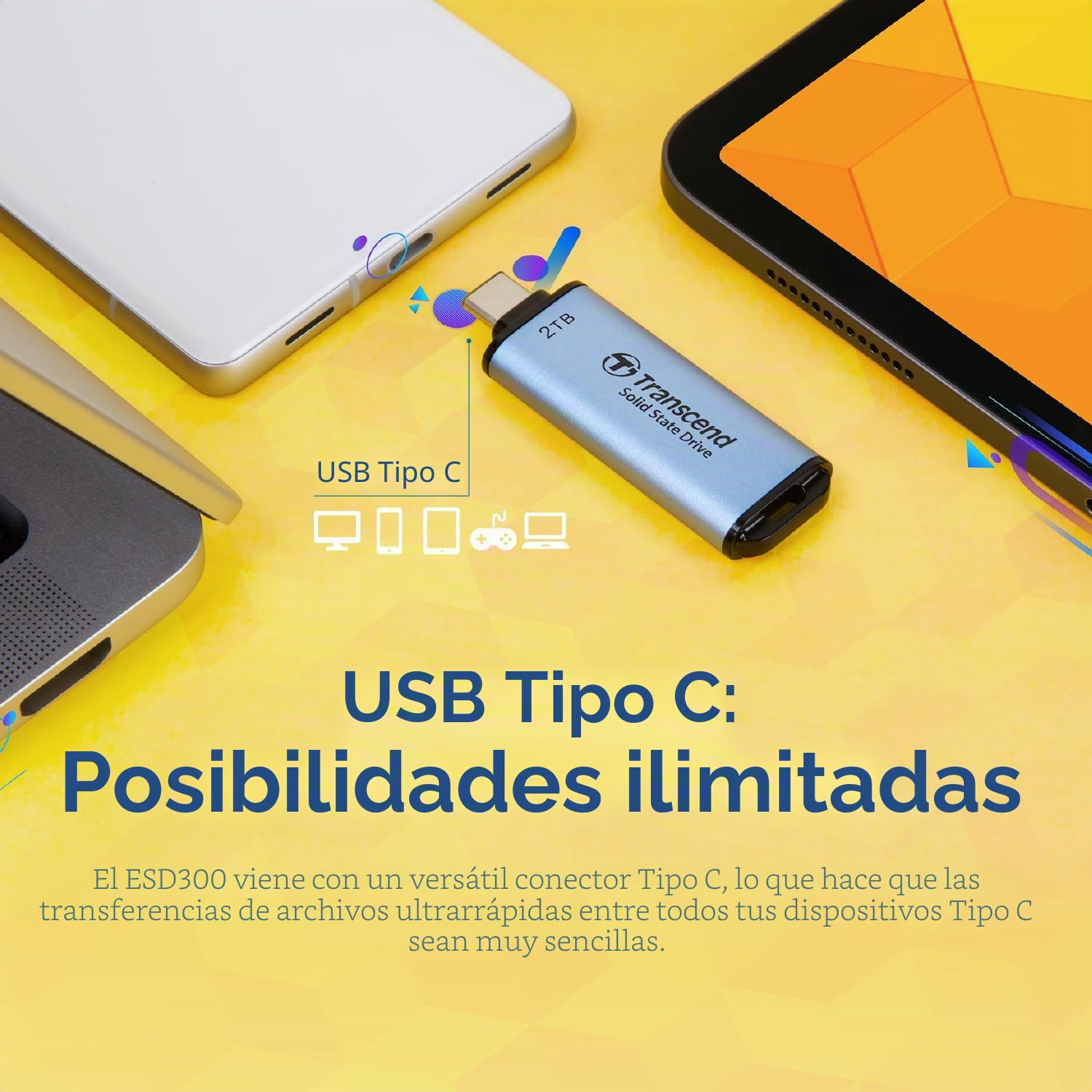 Transcend 512GB SSD Portátil ESD300C USB Tipo-C 10 Gbit/s Compatible con PS4/PS5, Azul TS512GESD300