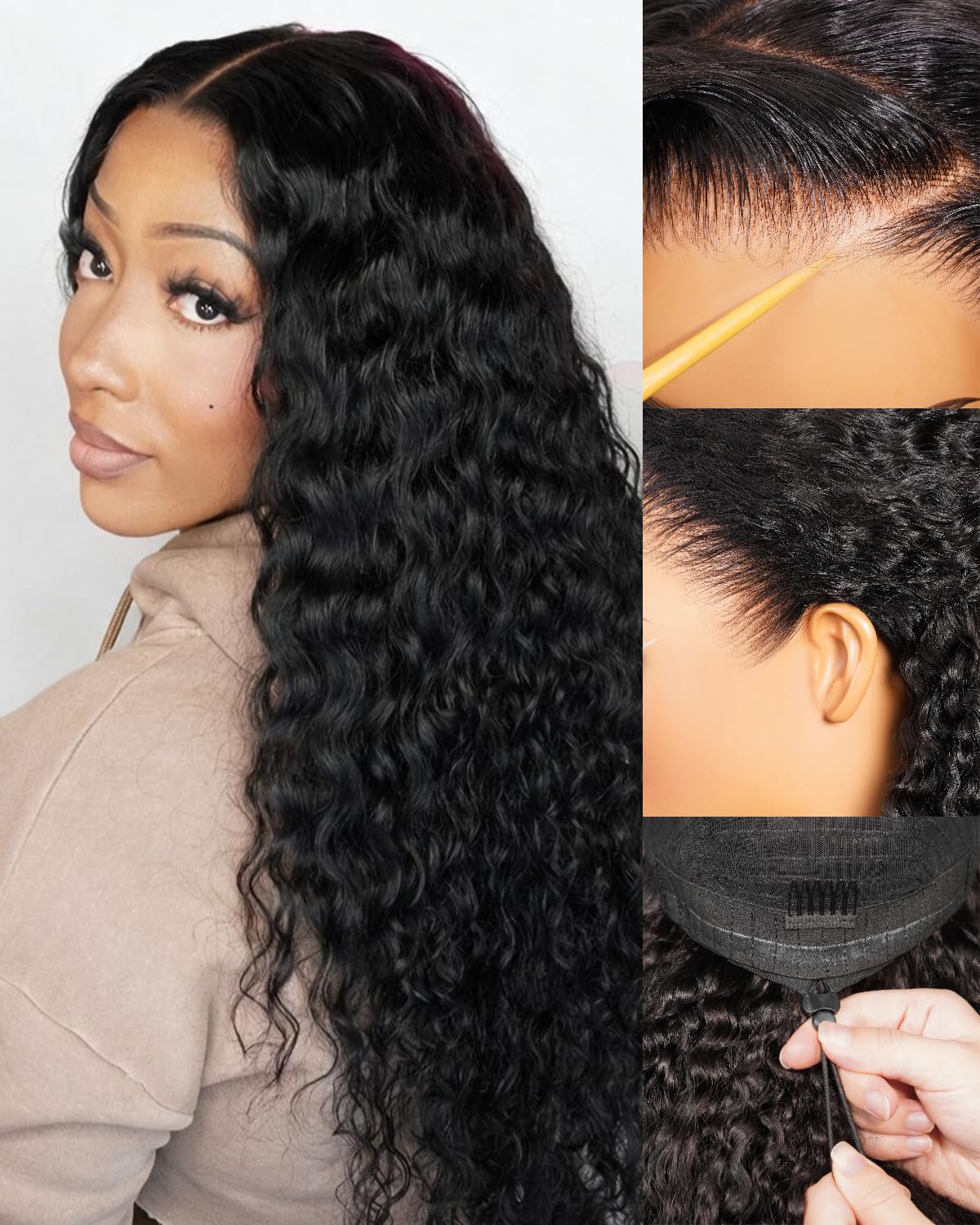 Arabella 13x6 Deep Wave Lace Front Wigs Human Hair 210% Density Glueless Curly Wigs Human Hair Pre Plucked Pre Cut Bleached 100% Water Wave Wig Wet and Wavy Hum