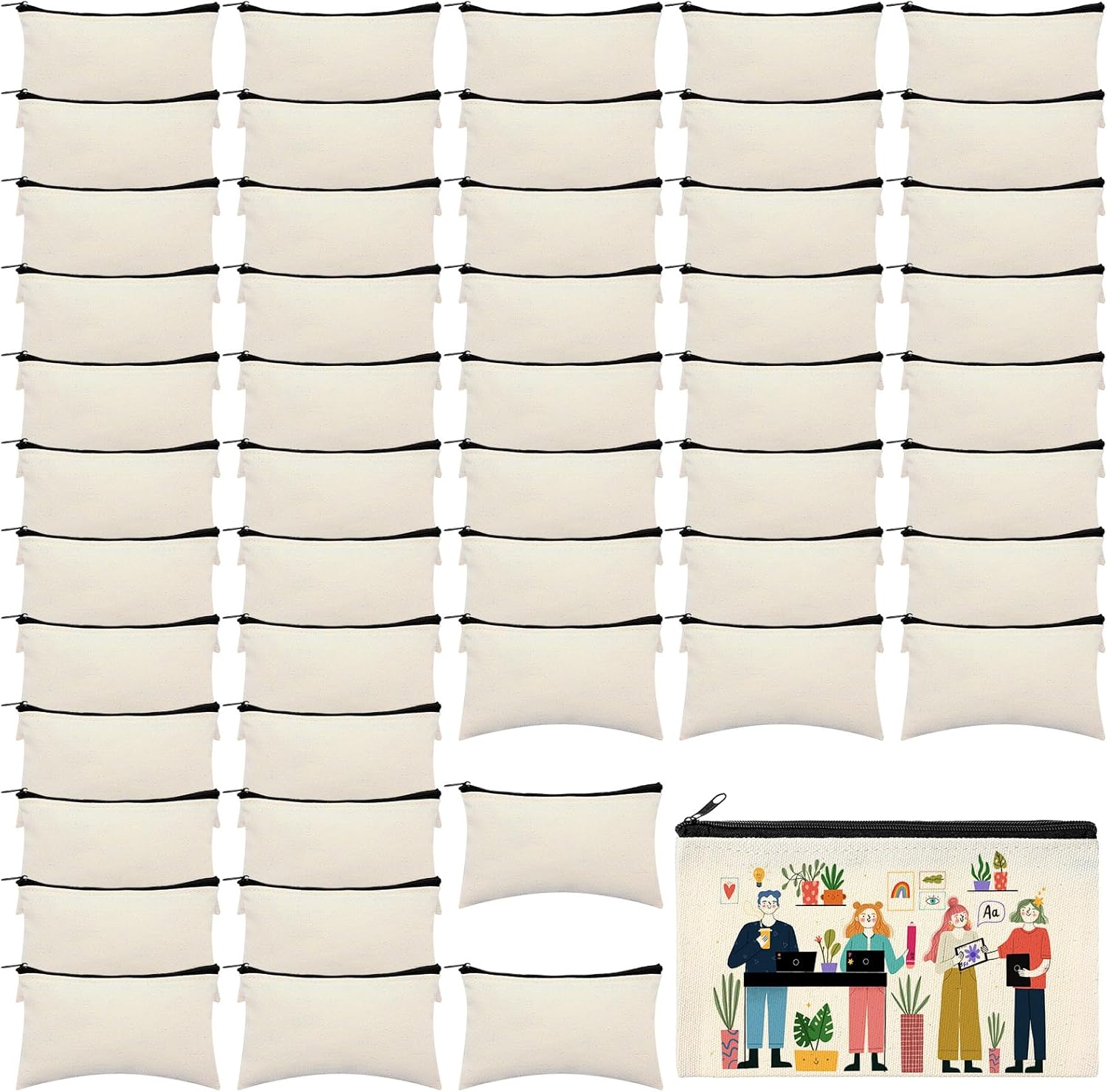 Dimeho 50pcs Blank DIY Craft Canvas Pencil Case Makeup Pouch Canvas Pouch Multi-Purpose Travel Toiletry Zipper Bag Bulk Cosmetic Bags for Makeup Toiletry Stationary Storage