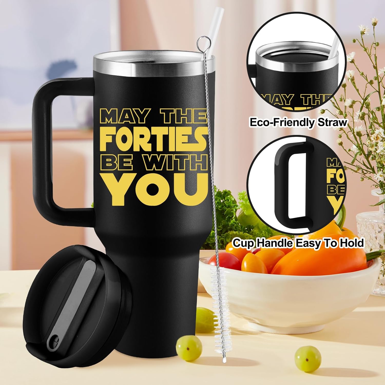 40th Birthday Gifts for Men - 1985 40th Birthday Decorations for Men - 40 Year Old Gift for Man, Him, Dad, Husband - 40oz Travel Cup Insulated Tumbler with Handle & Straw - Image 4