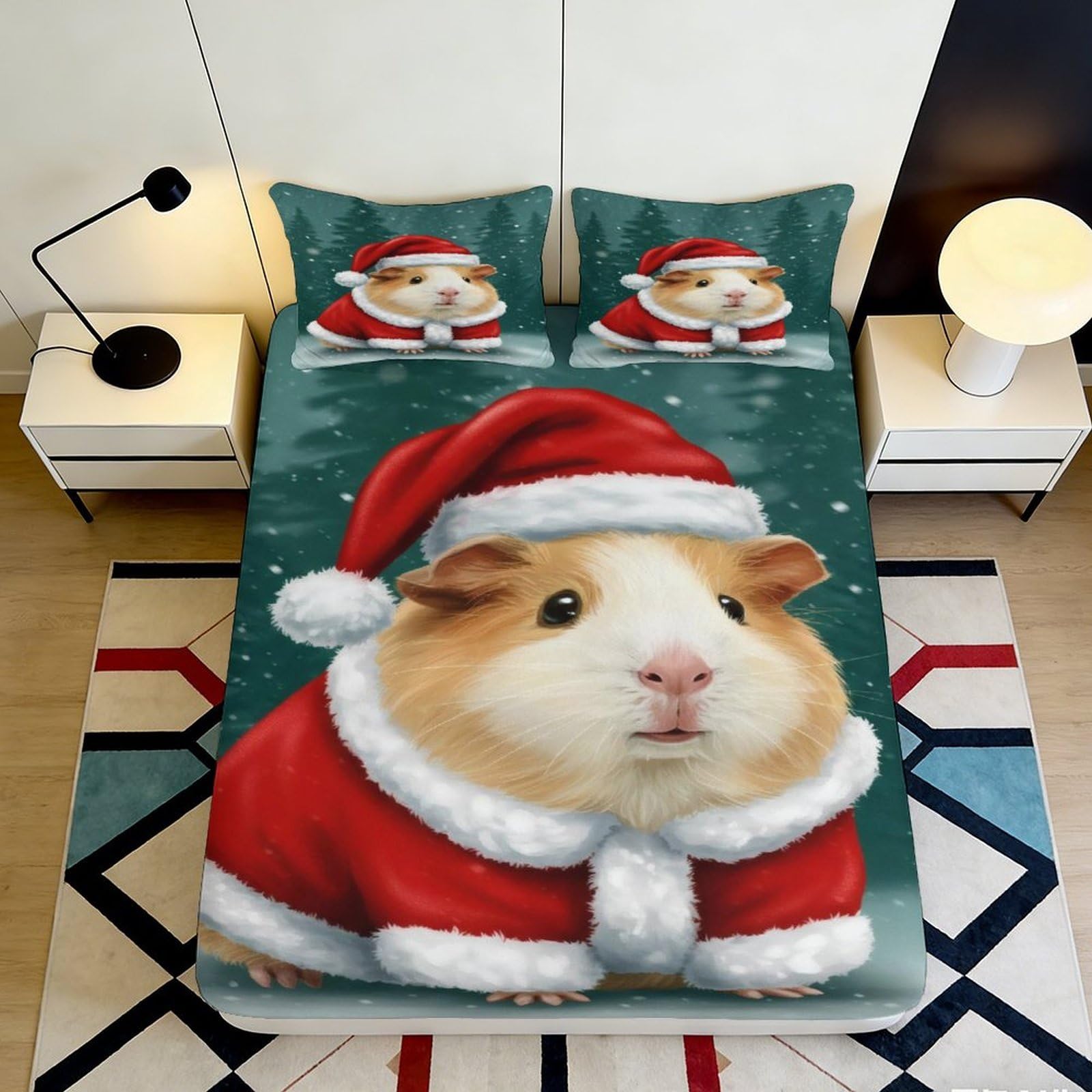 Jqzkxnhpbr Style-4 3D Printed Christmas Guinea Pig Fitted Sheet Microfiber Soft Red Santa Bed Cover For Bedroom Dorm Mattress Decoration 90X200x25cm