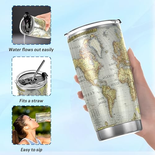Miniatura 6 de xigua Vaso térmico con tapa abatible y tapa con pajilla, reutilizable, acero inoxidable, pintura de mapa del mundo, botella de agua, café helado,