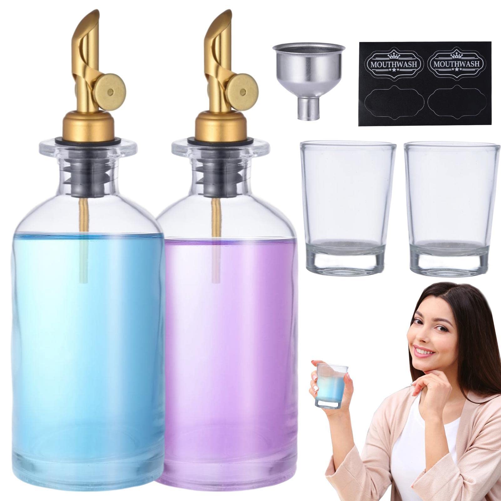 Boquilla Vertido Automático Dorada Dispensador De Enjuague Bucal Moryimi - Vidrio 500 Ml, Boquilla Dorada, Incluye 2 Vasos, Elegante Para Baño Decoración Baño Elegante