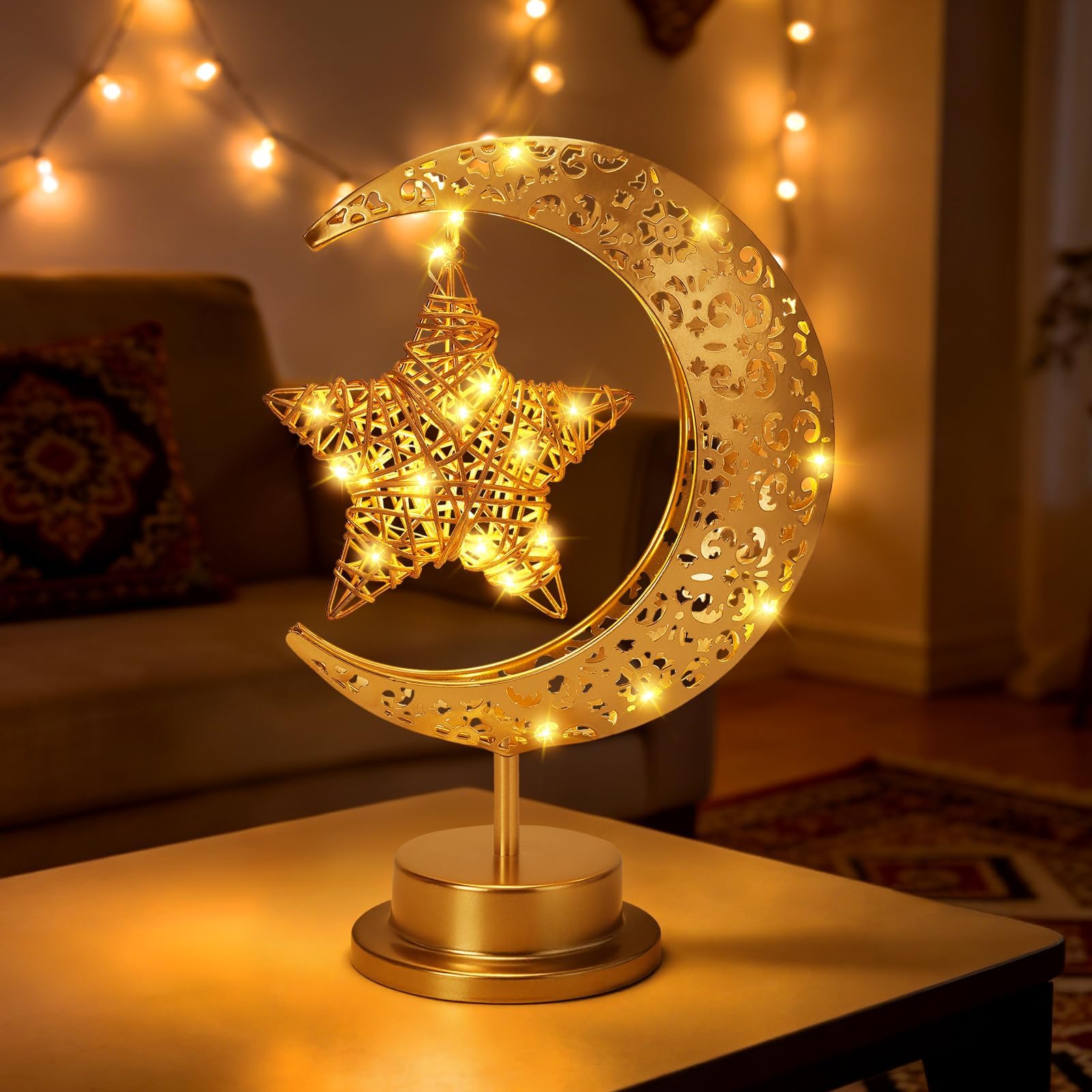 Ehoter A Ramadan Moon Table Lamp Crescent Lamp Ramadan Decorations Half Moon Light Battery Operated Metal Ramadan Star Lamp Lunar Lamps Eid Decorations Bedside Moons Lamps For Home Bedroom (A)
