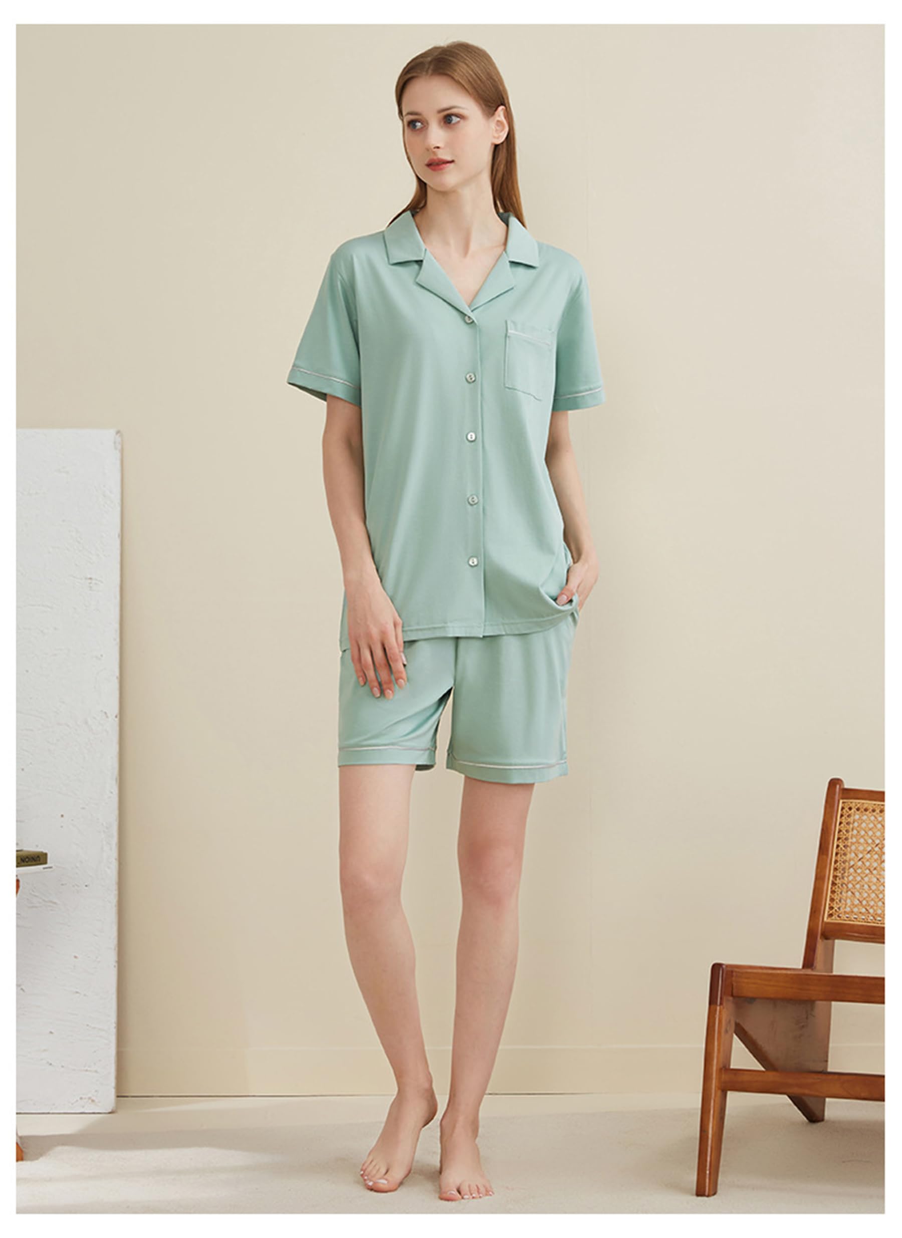 Generic Damska 2-częściowa piżama letnia cienka modalna bawełniana piżama sweter z krótkim rękawem zestaw piżam,Mint green,XXL