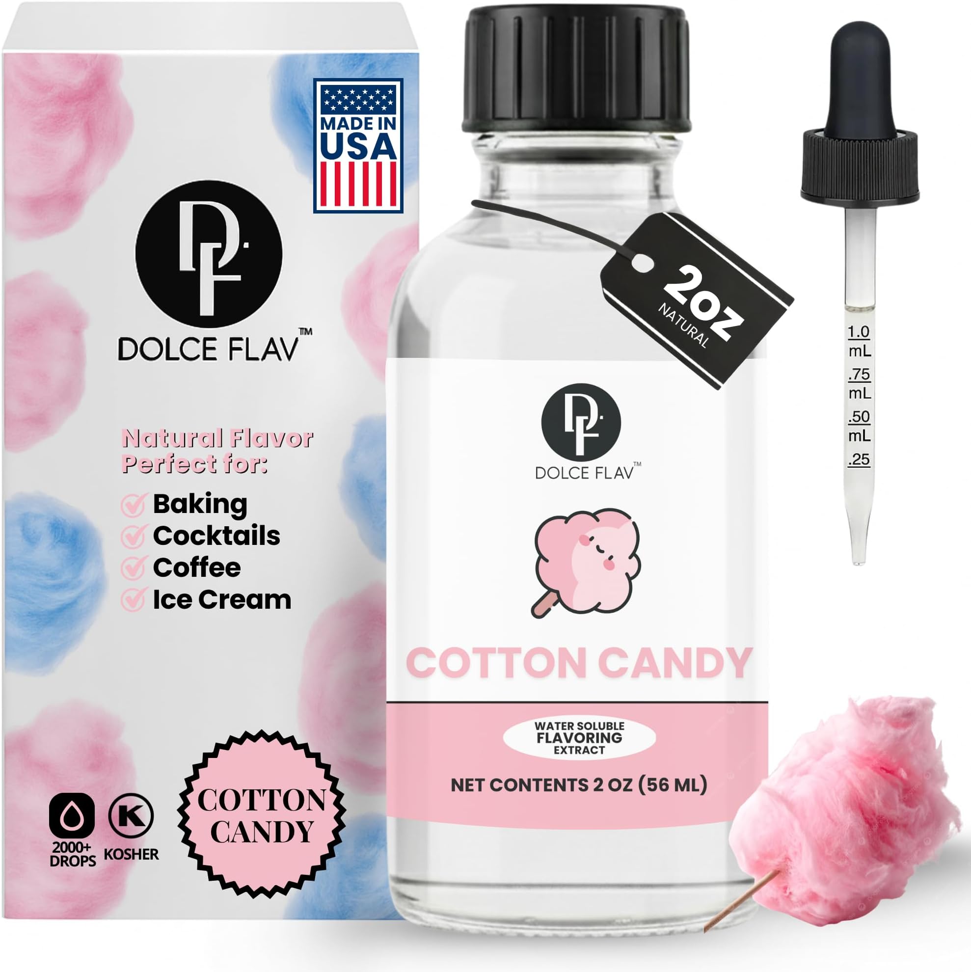 Dolce Flav Natural Cotton Candy Extract 2 oz – Kosher, Sugar-Free, Concentrated Carnival-Style Flavoring for Baking, Frostings & Drinks, Includes Measured Dropper