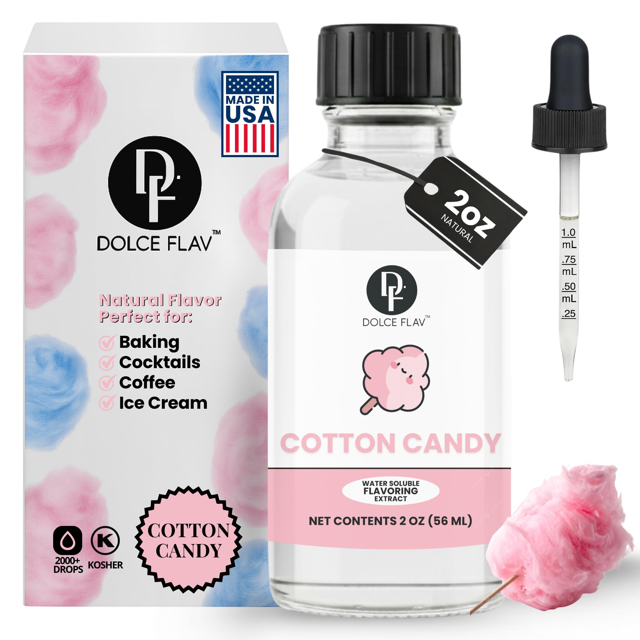 Dolce Flav Natural Cotton Candy Extract – 2 Ounce Water-Soluble Kosher, Sugar-Free, Concentrated Carnival-Style Flavoring for Baking, Frostings & Drinks, Includes Measured Dropper