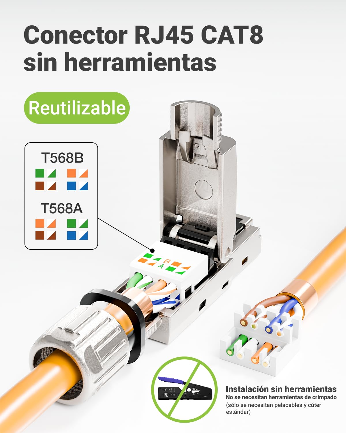 Wtyczka RJ45 bez narzędzi Cat8, 40 Gbit/s 2000 MHz, pozłacana wtyczka lan 50u bez narzędzi POE do kat. 7 kabel instalacyjny, ekranowana, wtyczka sieciowa cat 8, bez narzędzi, wielokrotnego