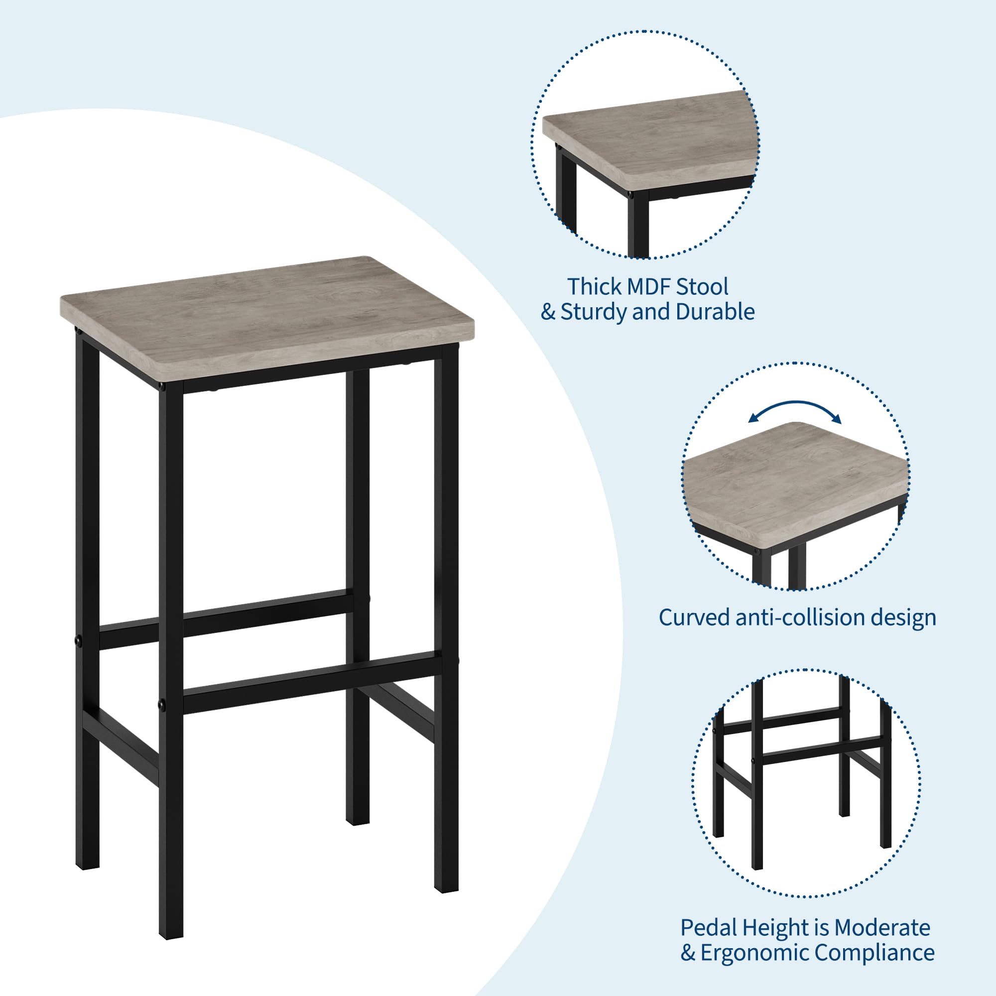 Garvee Bar Tisch Und Stühle Set, Rechteckiger Pub Tisch Mit 2 Hockern Für Kleinen Platz, High Top Tisch, 3-Teilige Frühstück Hocker Set, Robuster Metallrahmen, Einfach Zu Montieren,Grau