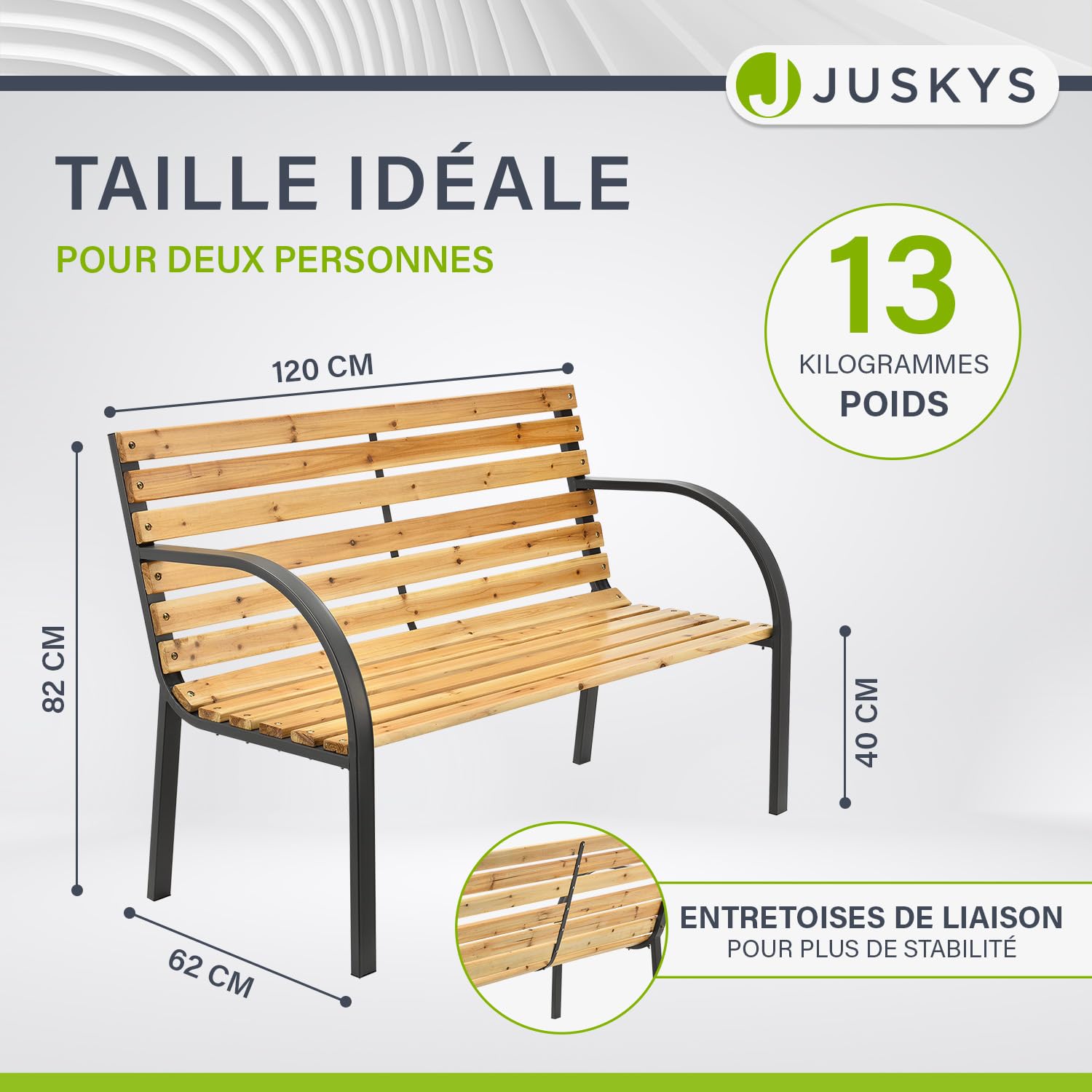 Juskys Banc de Jardin Modena en Bois 2 Places avec accoudoirs et Dossier - Banc résistant aux intempéries - Banc avec éléments latéraux en Acier- Naturel, 62x120x82cm
