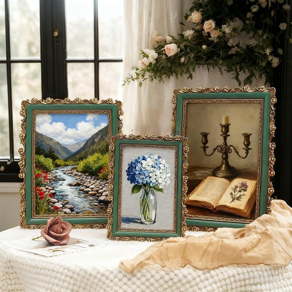 Ramka z żywicy w stylu vintage z ozdobnymi złotymi kwiatowymi detalami do wyświetlania zdjęć lub dzieł sztuki w domu lub biurze (15 cm)