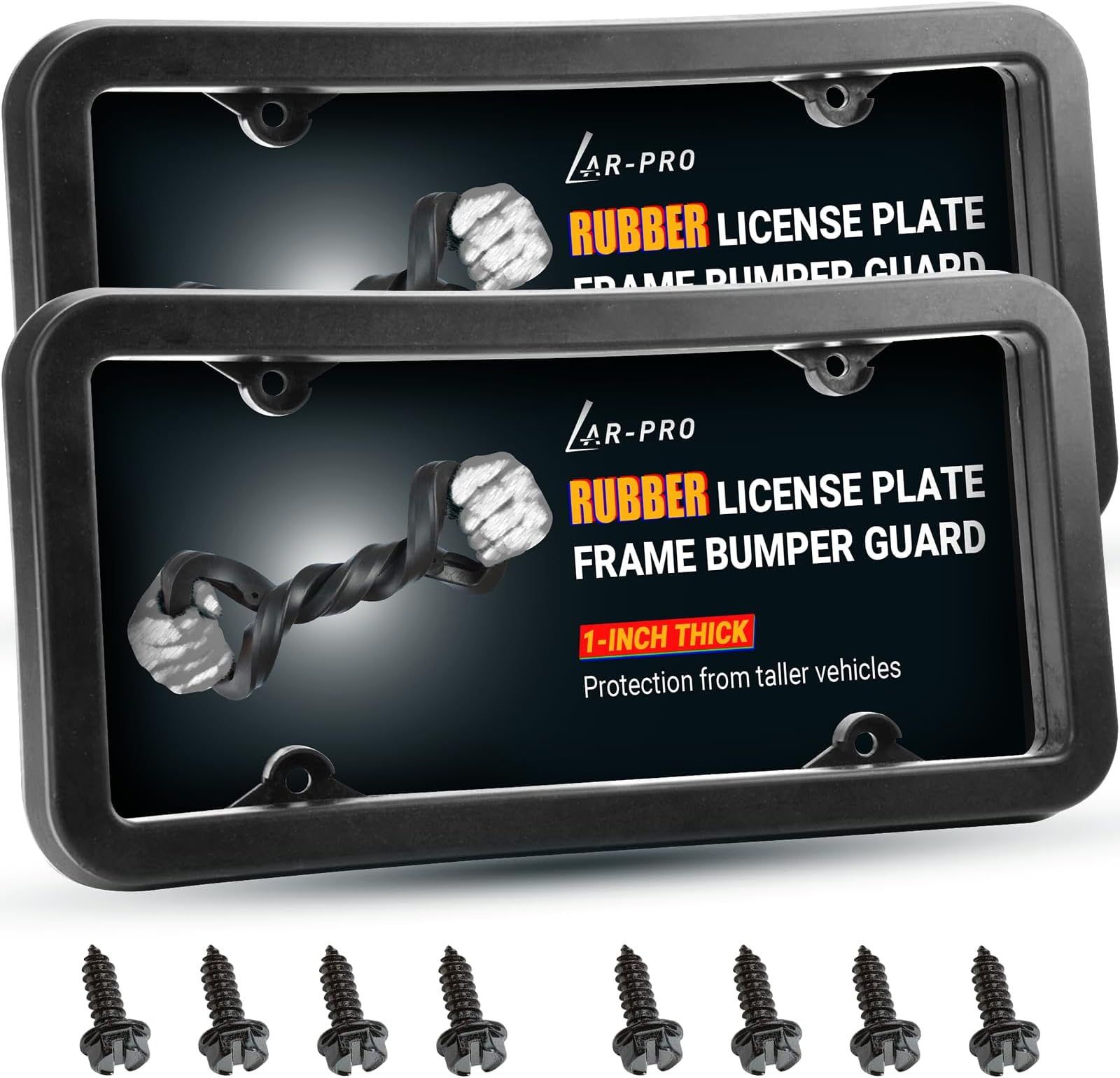 AR-PRO 2-Pack Rubber Protective License Plate Cover and Bumper Guard | Thick, Heavy Duty Rubber Prevents Scratches and Dents in Low Impact Bumps | Universal Fit for Cars, Trucks, SUVs and Vans…