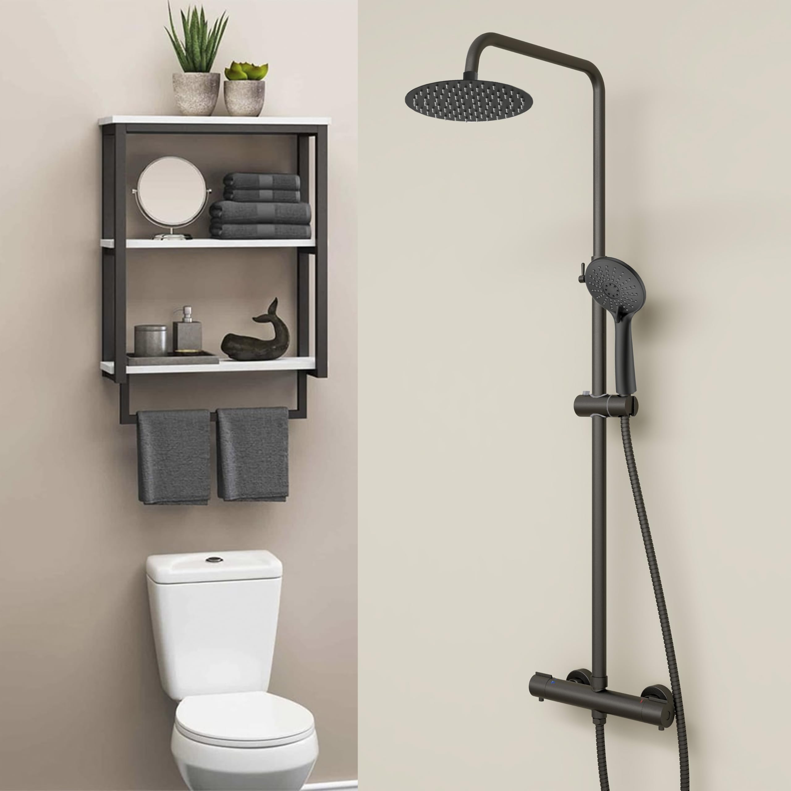 Colonna Doccia, AICA ITALY, Miscelatore Doccia Idromassaggio Termostatico, Gruppo Doccia Completo di Soffione Acciaio Inox da 20cm e Doccetta a 3 Getti, Asta Doccia Regolabile 73-117cm, Nero