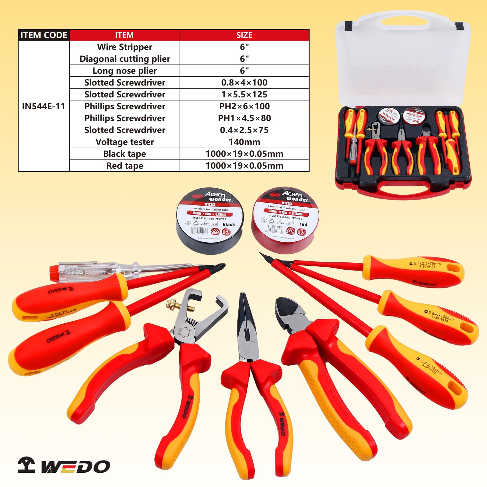 WEDO Set di 11 attrezzi isolati da 1000 V, set di cacciaviti e pinze, strumenti magnetici VDE per elettricista, borsa di riparazione. Strumenti fai da te per il miglioramento della casa