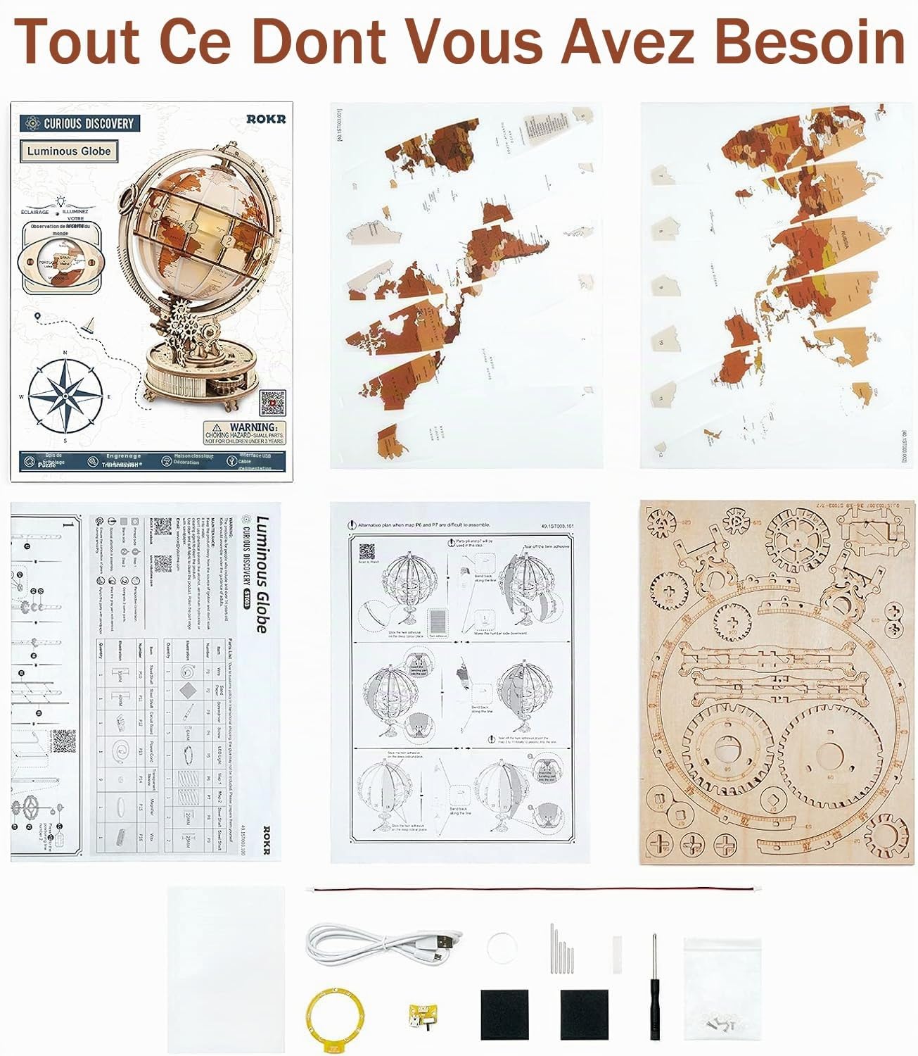 ROKR Maquette Bois Puzzle Bois 3D Globe Lumineux Adulte Construction Adulte, 180 Pièces, Luminous Globe