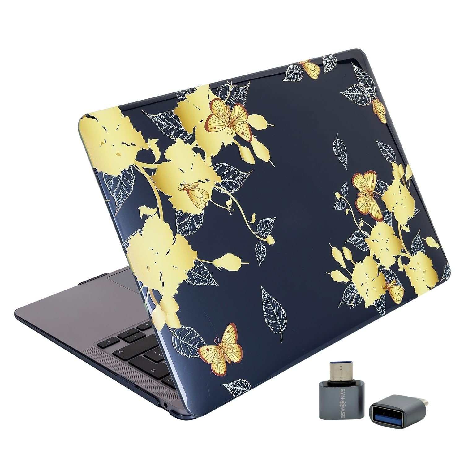 SyncCase Huawei MateBook D14 Kılıf Uyumlu Kristal Parlak Çiçek Desenli Sert Hard Case İnce Hafif Şeffaf Koruma 2019-2022 Sarı