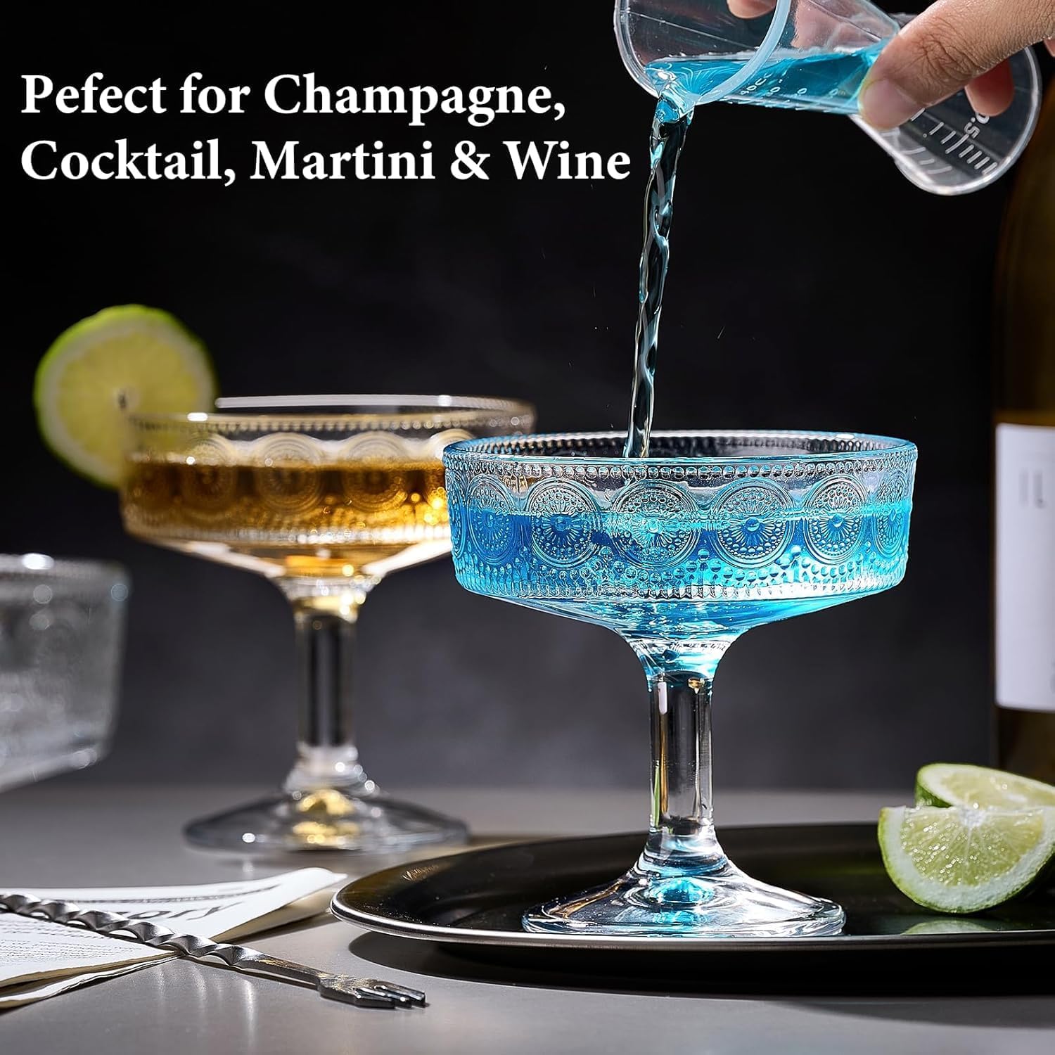 Vintage Embossed Floral Martini Glasses, Set of 6, 7 oz Unique Cocktail Glassware for Bars and Parties (6 SET)
