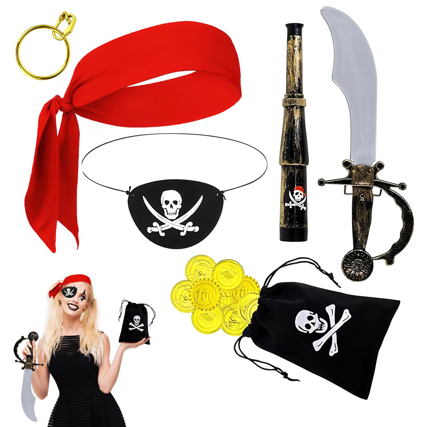 Bagtopia Pirate Accessories for Kids 6Pcs Pirate Costume for Boys Girls Head Scarf, Eye Patch, Earring, Telescope, Coins