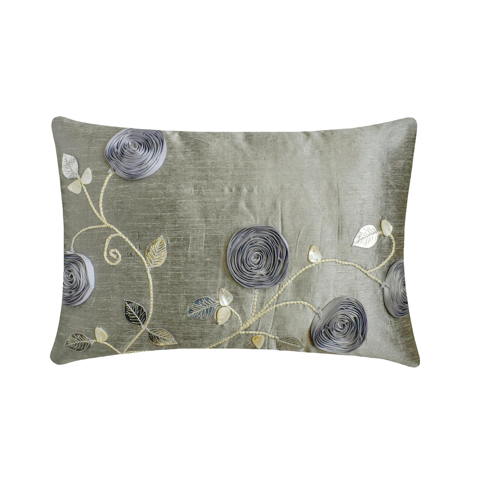 The HomeCentric Luxury Silver Lumbar Cushion Cover, 30x65 cm (12x26 inch) Lumbar Cushion Cover, Ribbon Rose Lumbar Cushion Cover, Silk Lumbar Cushion Cover, Floral Modern Lumbar - Silver Rose Garden โ image 1