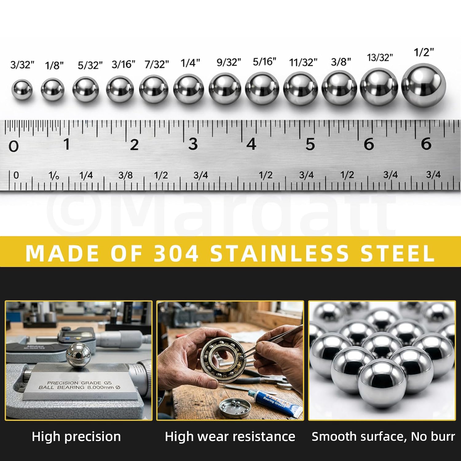 300PCS 12 Sizes SAE 304 Stainless Steel Ball Assortment Kit, 3/32” 1/8” 5/32” 3/16” 7/32” 1/4” 9/32” 5/16” 11/32” 3/8” 13/32” 1/2” Bicycle Bearing Balls