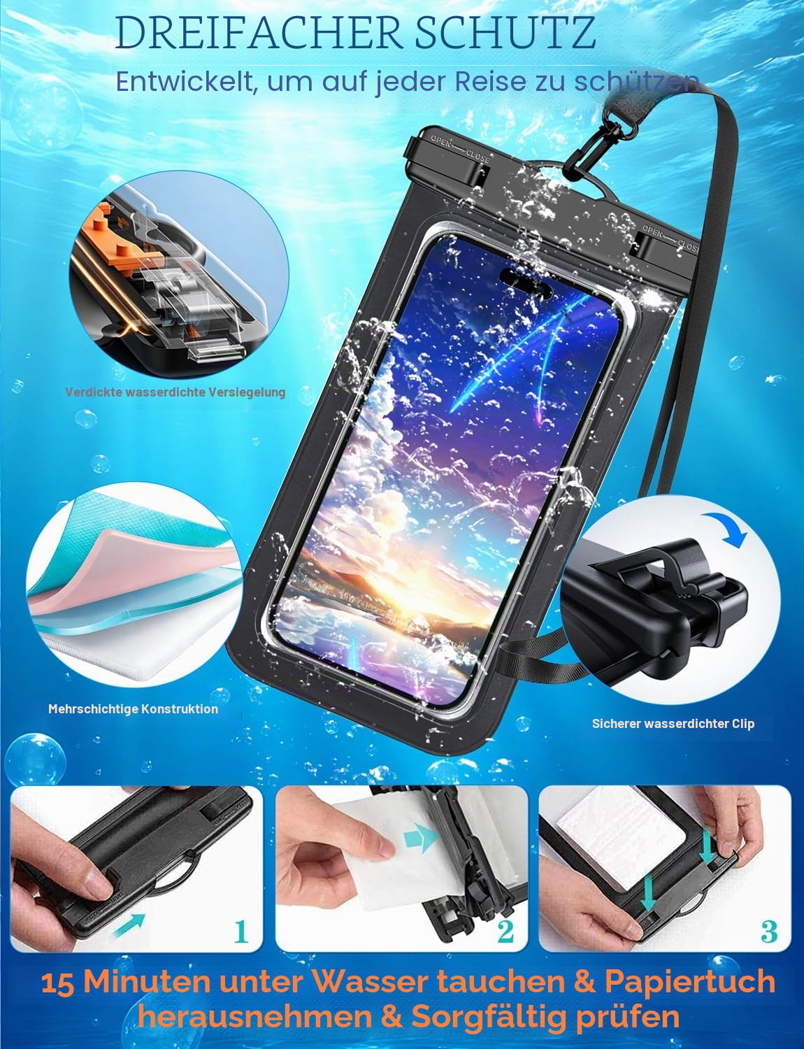 4 Stück Mehrfarbige Allgemein Wasserdichte Handy tasche,Wasserdichte Handy hülle Trocken sack (Schutz stufe: IP68) Outdoor-Sport für Apple iPhone,Samsung und bis zu 7,5 Zoll (Schwarz,Blau,Rosa,Orange)