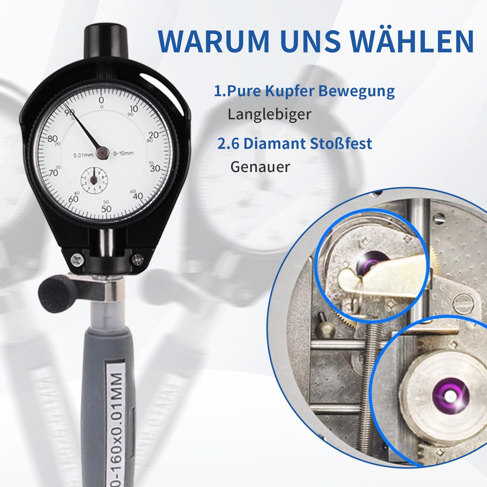 Innenmikrometer, Bohrungslehre Messuhr set 50-160mm Hohe Präzision 0,001mm Messuhr mit 12 Sonden, Innendurchmesser Messuhr Dial Bore Gauge Industriemesswerkzeug