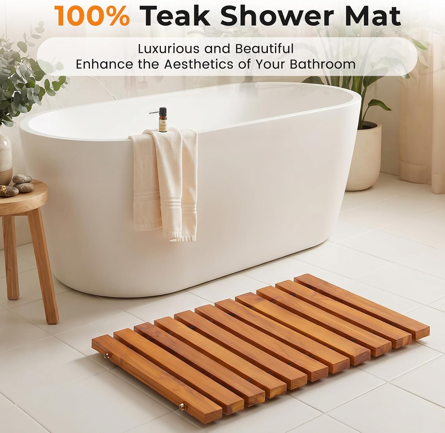 23.6" x 15.7" Teak Shower Mat, 100% Natural Teak Wood Bath Mat with Non-Slip Rubber Feet, Rollable Waterproof Floor Mat for Bathroom, Spa, Pool & Outdoor Shower, Oiled Finish