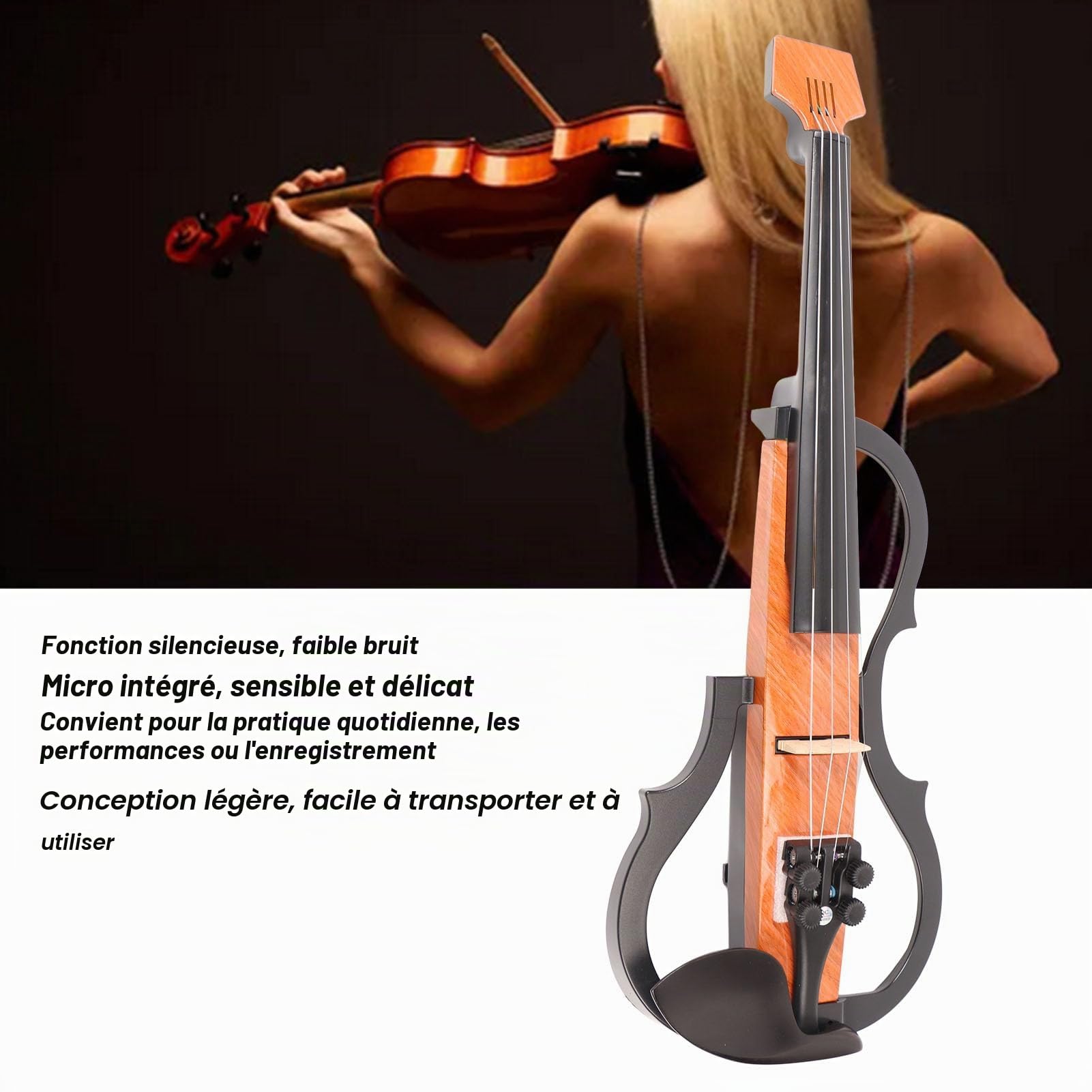 Violon électrique 4/4 pleine taille silencieux réglable qualité sonore en fibre de carbone en bois d'érable avec micro casque