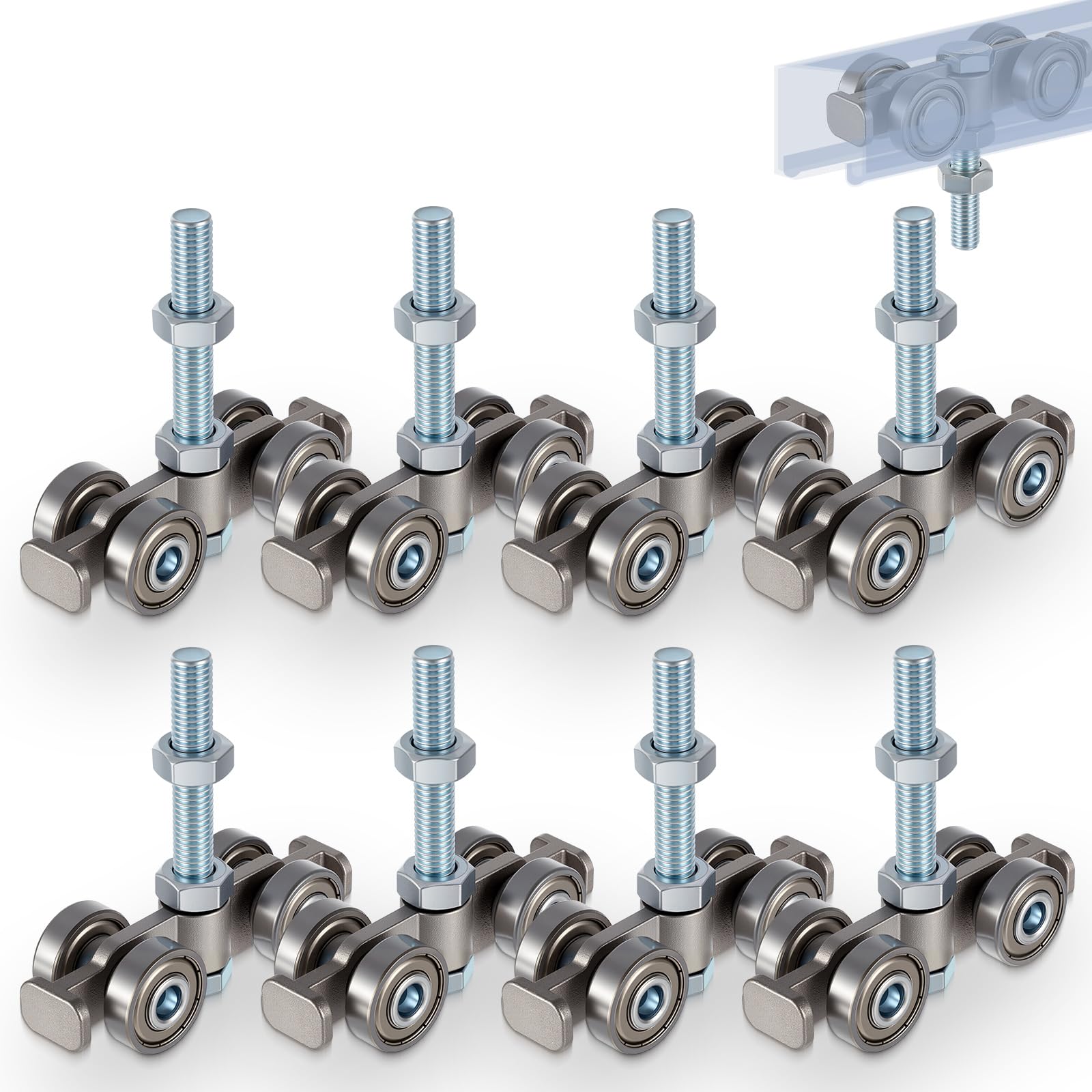 Photo 1 of ***missing 7***Tallew 8 Pcs Silver 4 Wheel Silent Trolley Assembly Rollers for Use with 1-5/8" Wide and All 1-5/8" or Taller Strut Channels with M10 Bolt
