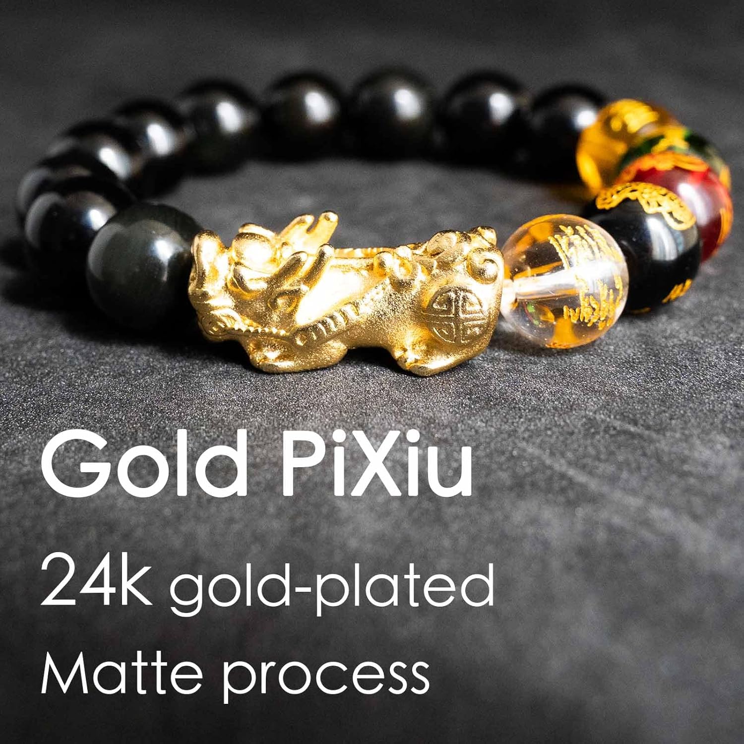 24K Gold Plated PiXiu Dragon Bracelet Feng Shui Bracelet, Obsidian Bracelet Dragon Protection for Men Women, Meditation Prayer Beads Bracelets Meaning to Attract Wealth and Good Luck(12mm) - Image 3